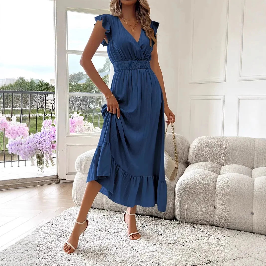 Long Dress Women 2025 Summer Dresses V Neck Solid Color Elastic Waist Maxi Gown Office Lady Ruffles Vestidos Casual A Line