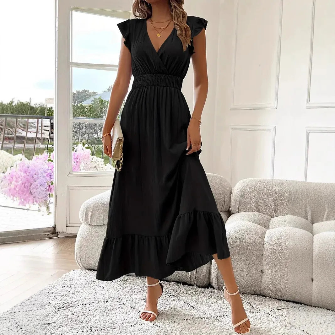 Long Dress Women 2025 Summer Dresses V Neck Solid Color Elastic Waist Maxi Gown Office Lady Ruffles Vestidos Casual A Line