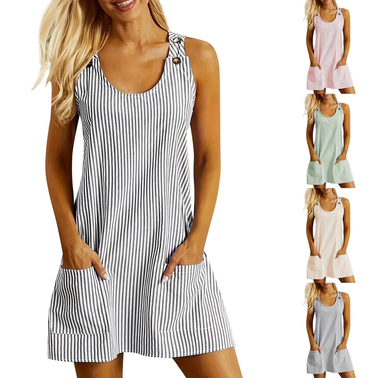 Summer Fashion Stripped Patchwork Commuting U-Neck Sleeveless Pockets Back Button Casual Straight Slimming Mini Dress For Women
