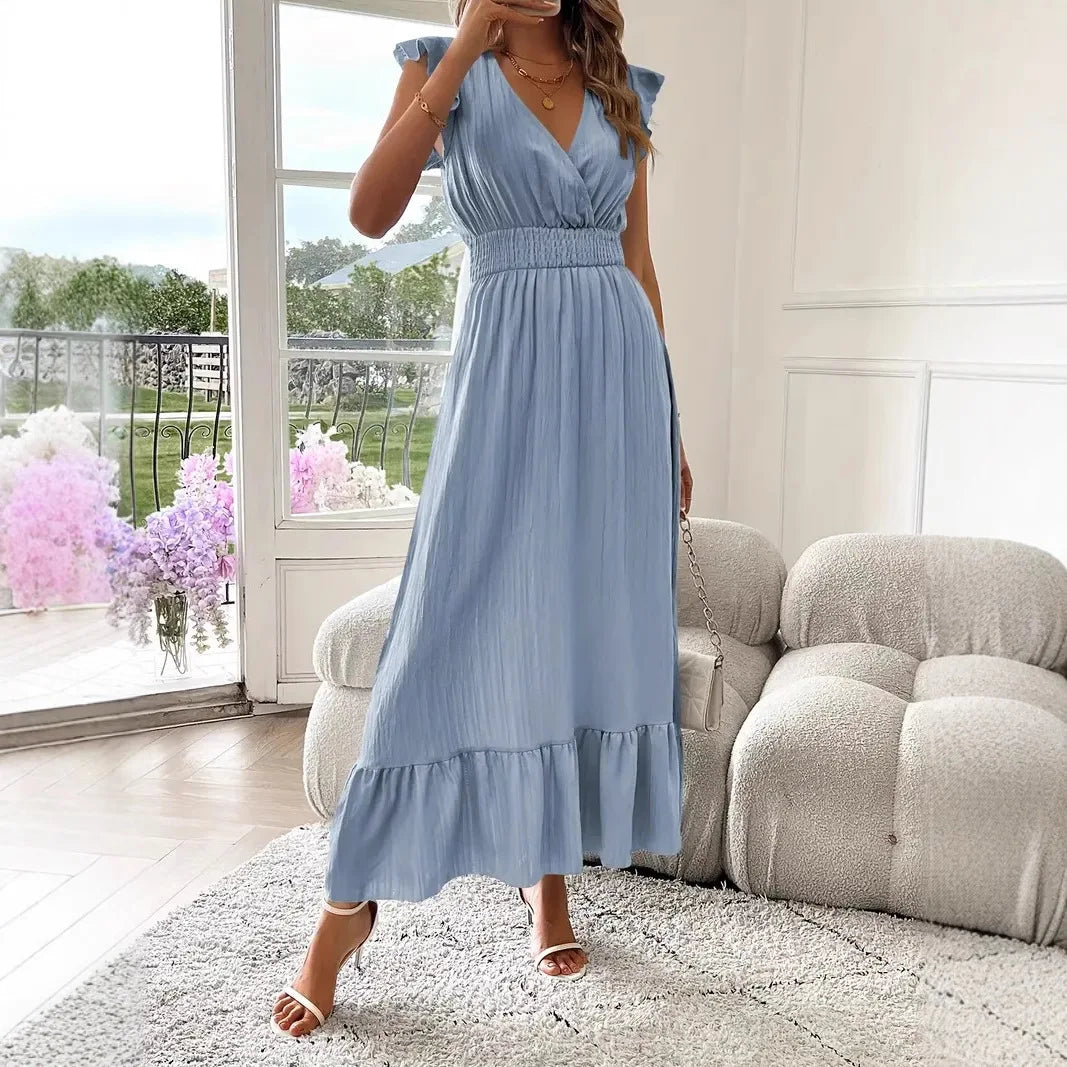 Long Dress Women 2025 Summer Dresses V Neck Solid Color Elastic Waist Maxi Gown Office Lady Ruffles Vestidos Casual A Line