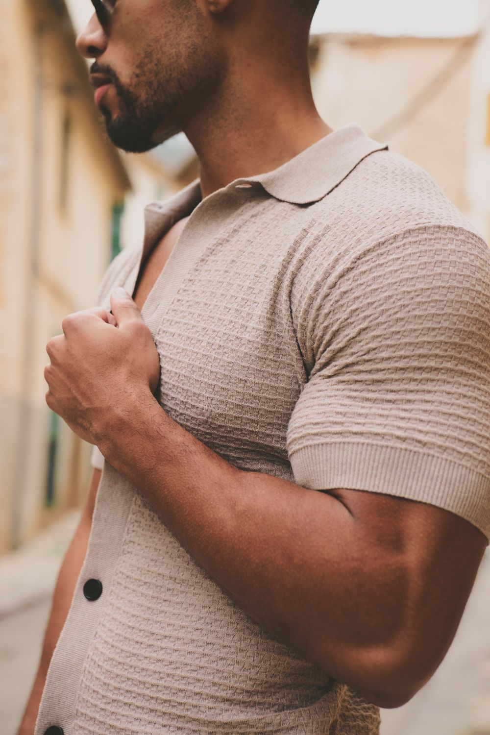 Square Textured Knitted Shirt in Neutral Marl