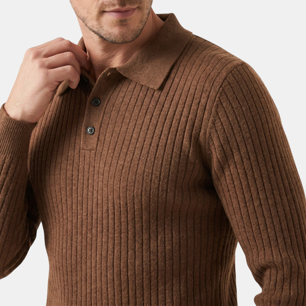 Armaxio | Men's Ribbed Long Sleeve Polo Shirt with Button Collar