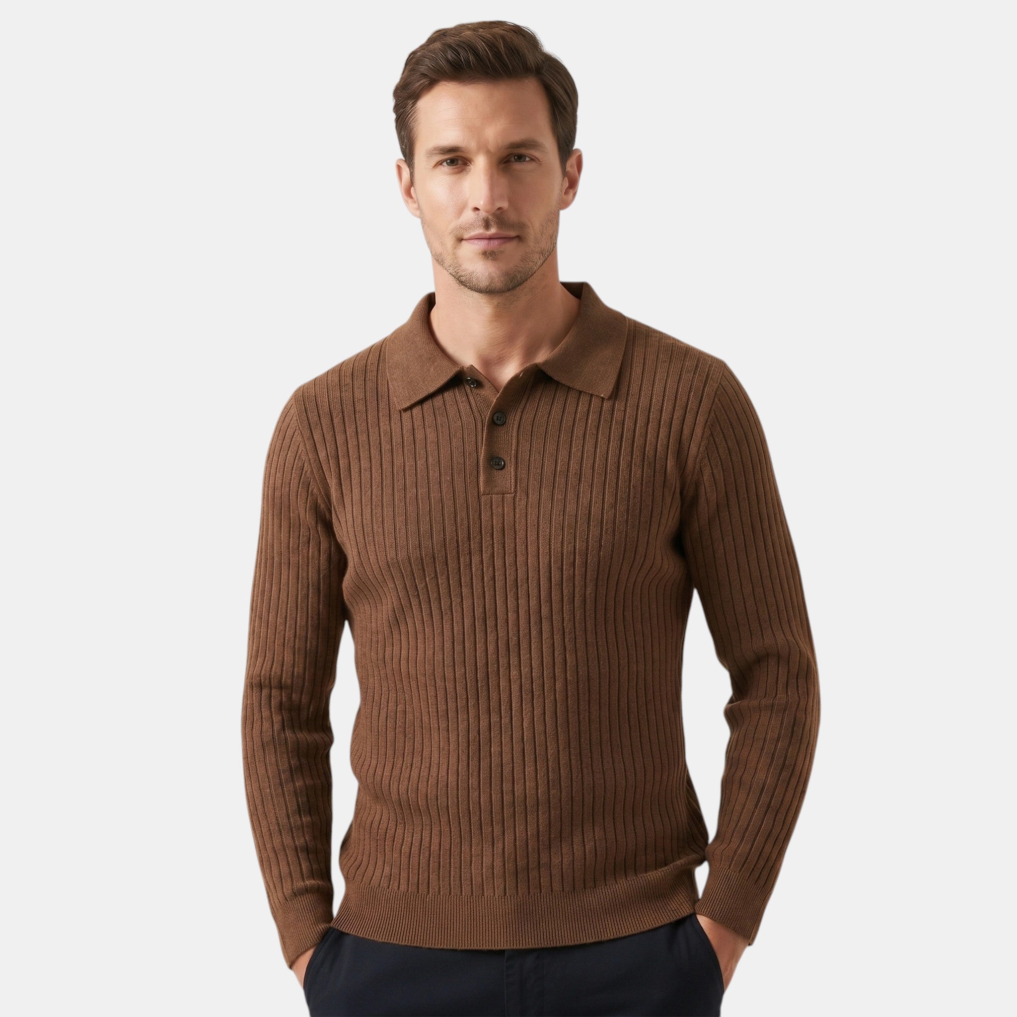 Armaxio | Men's Ribbed Long Sleeve Polo Shirt with Button Collar