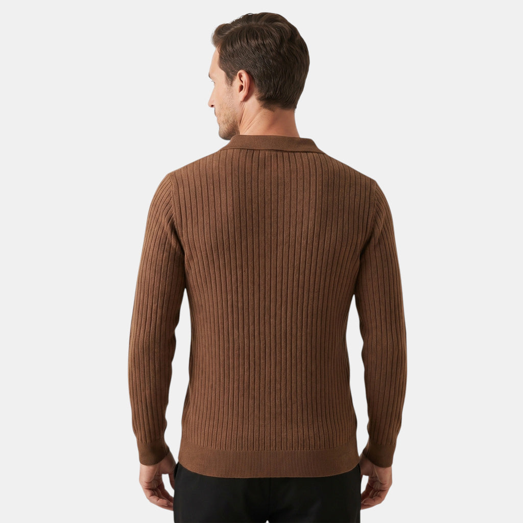 Armaxio | Men's Ribbed Long Sleeve Polo Shirt with Button Collar