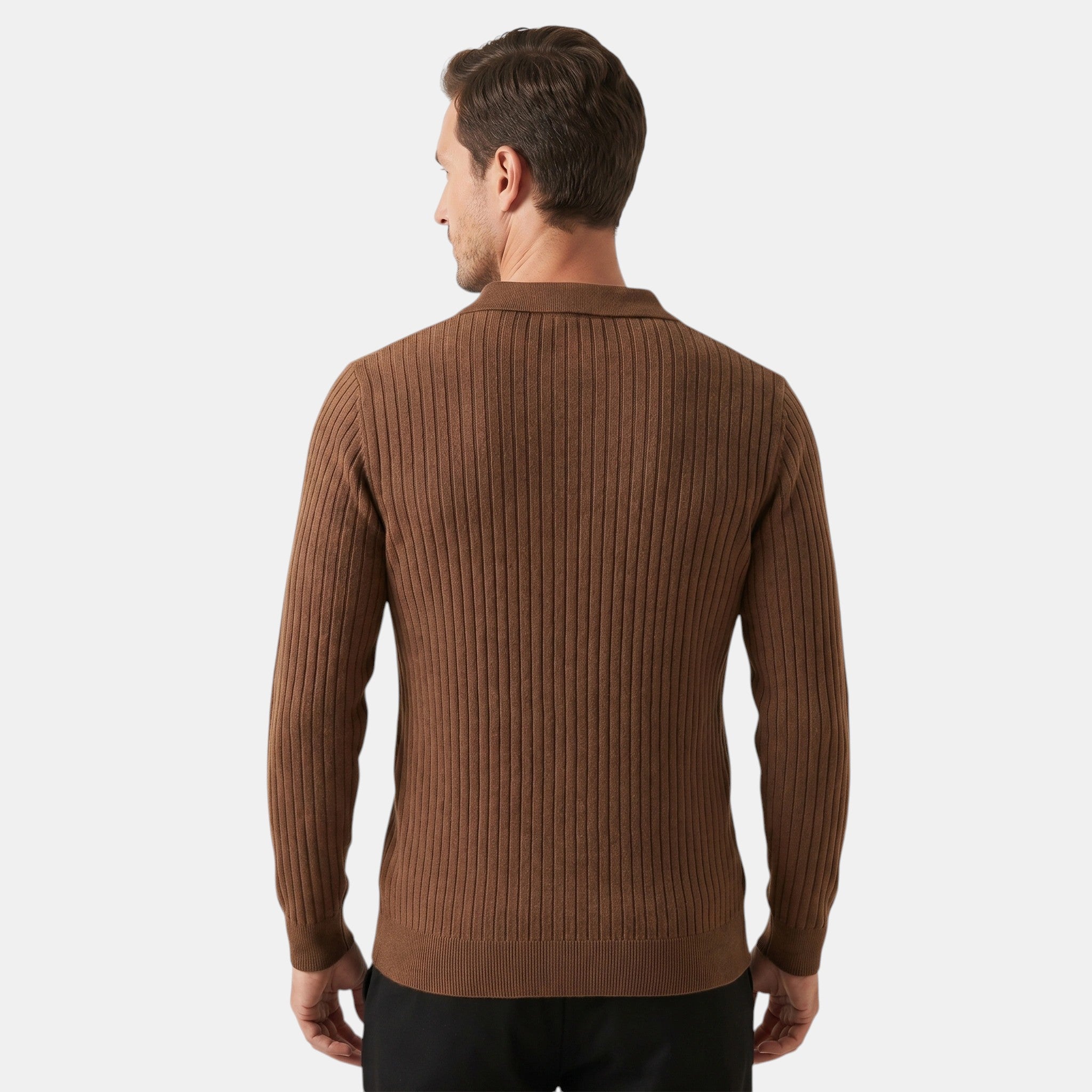 Armaxio | Men's Ribbed Long Sleeve Polo Shirt with Button Collar