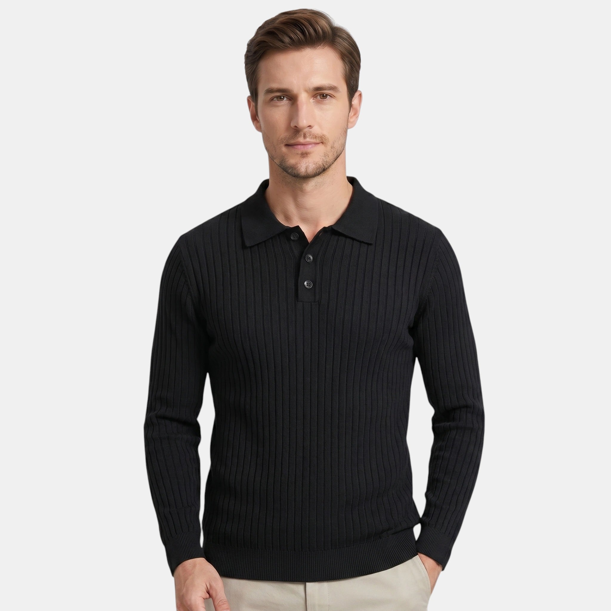 Armaxio | Men's Ribbed Long Sleeve Polo Shirt with Button Collar