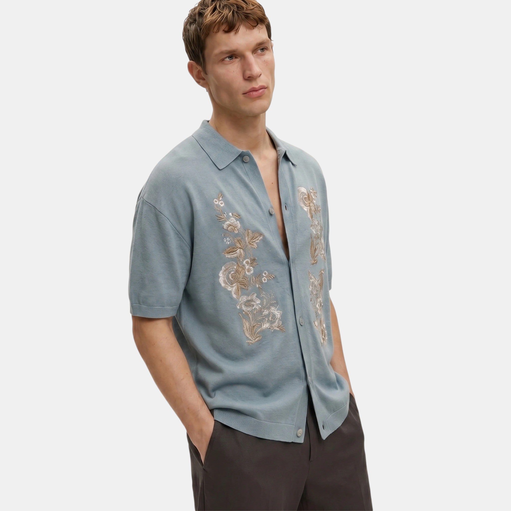 Armaxio | Men's Floral Embroidered Knit Polo Cardigan