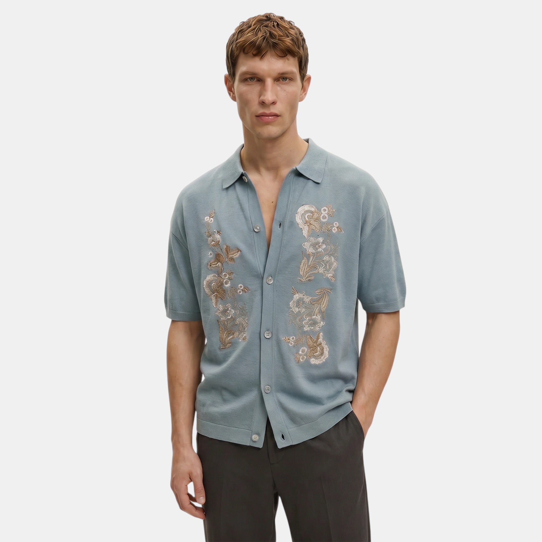 Armaxio | Men's Floral Embroidered Knit Polo Cardigan