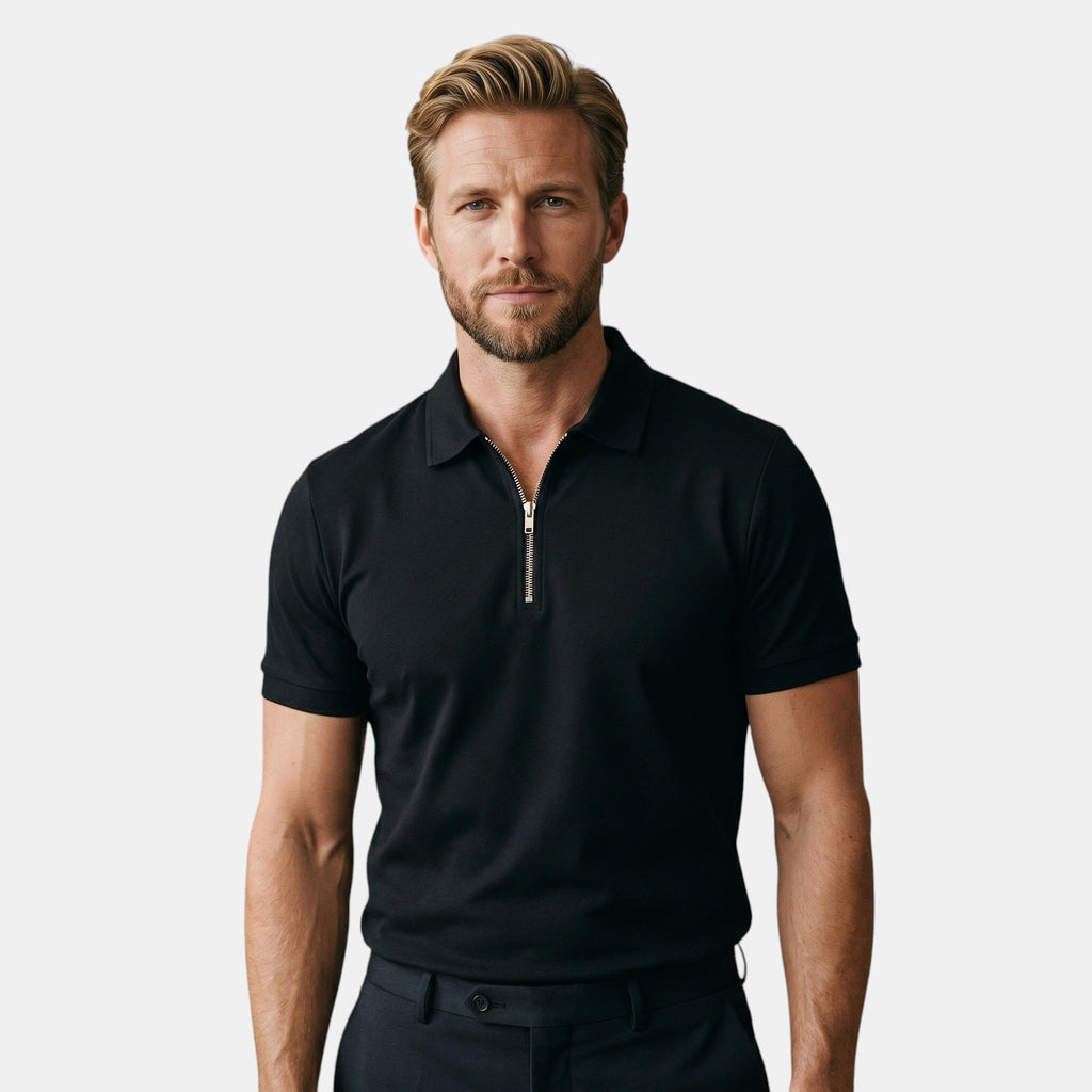 Armaxio | Men's Half Zip Polo T Shirt Short Sleeve Regular Fit Black