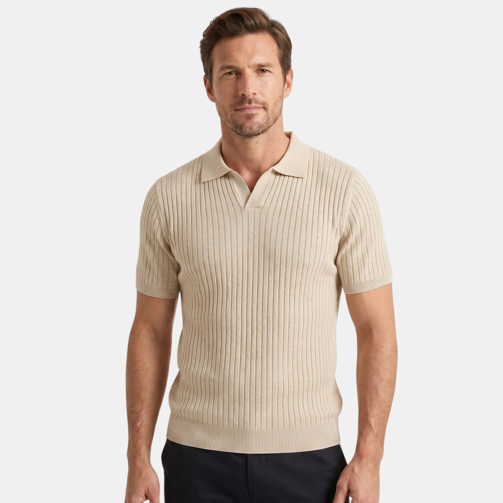 Armaxio | Men's Ribbed Polo Shirt with V-Neck Collar
