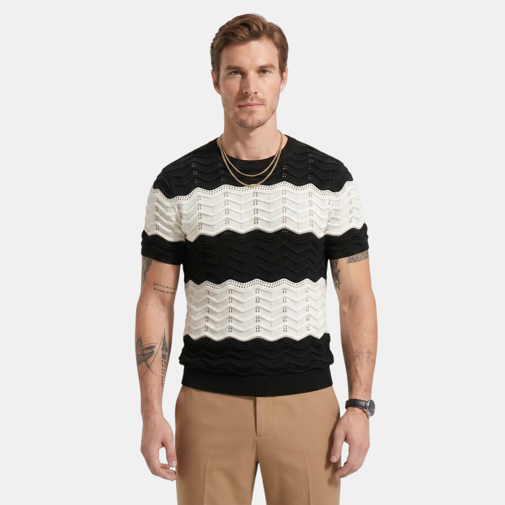 Armaxio | Men's Striped Pointelle Knit Polo Shirt