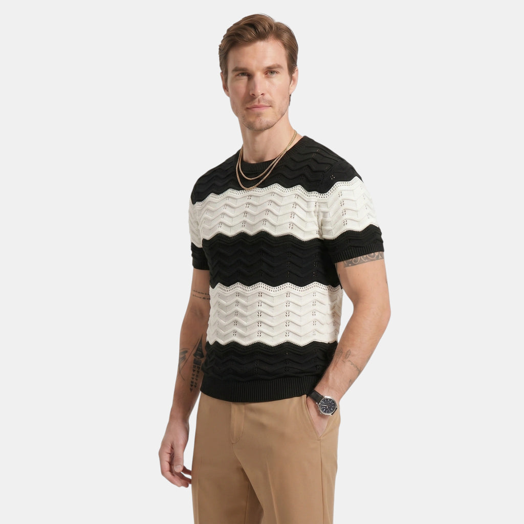 Armaxio | Men's Striped Pointelle Knit Polo Shirt