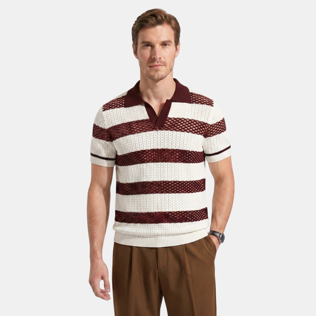 Armaxio | Men's Striped Pointelle Knit Polo Shirt