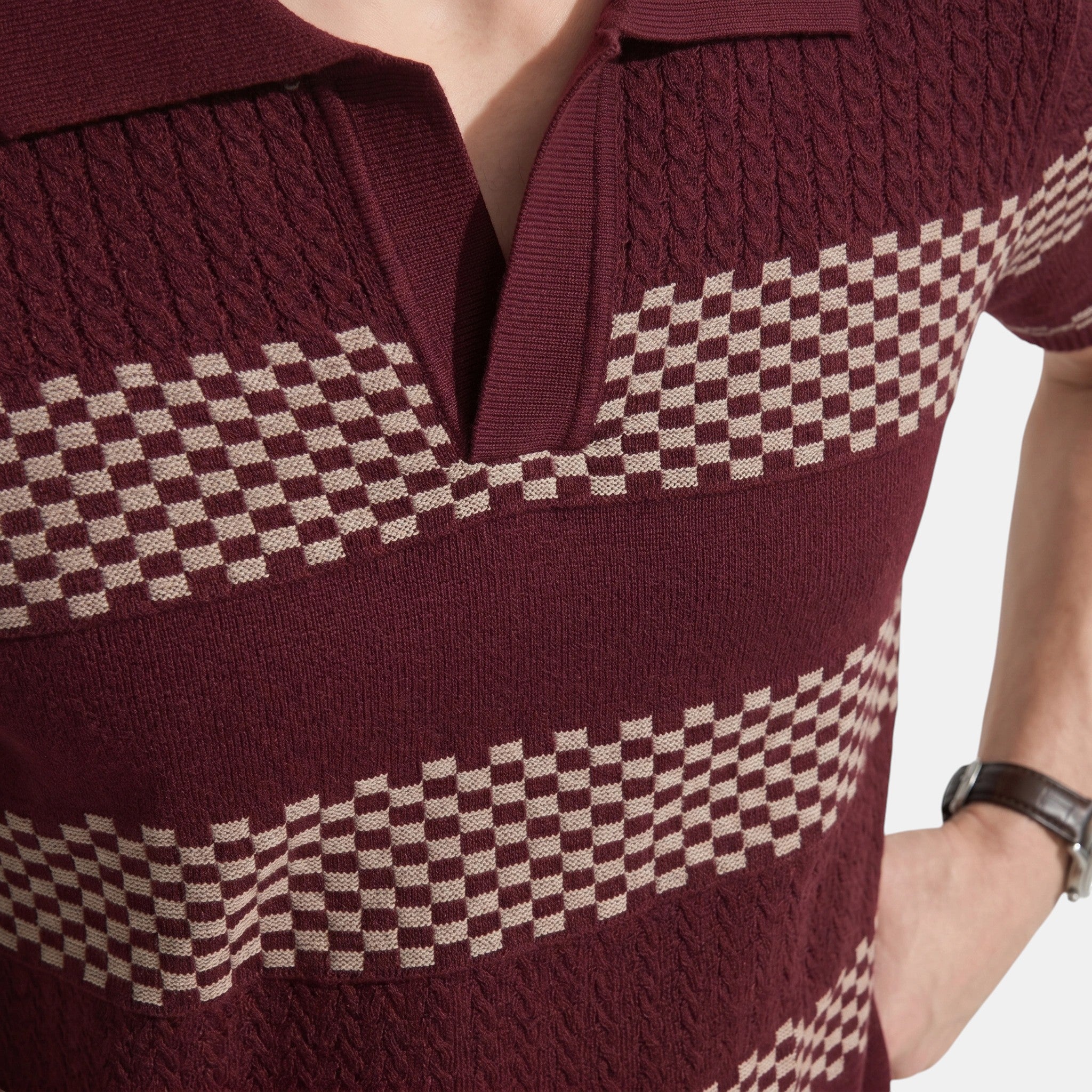 Armaxio | Men's Striped Pointelle Knit Polo Shirt