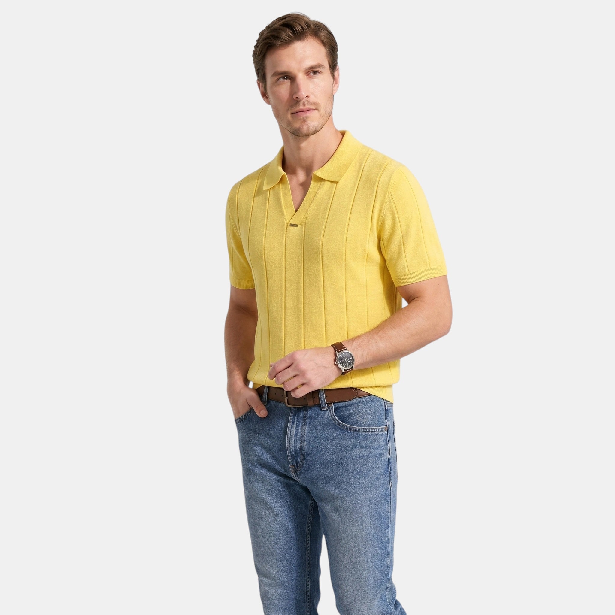 Armaxio | Men's Striped Pointelle Knit Polo Shirt