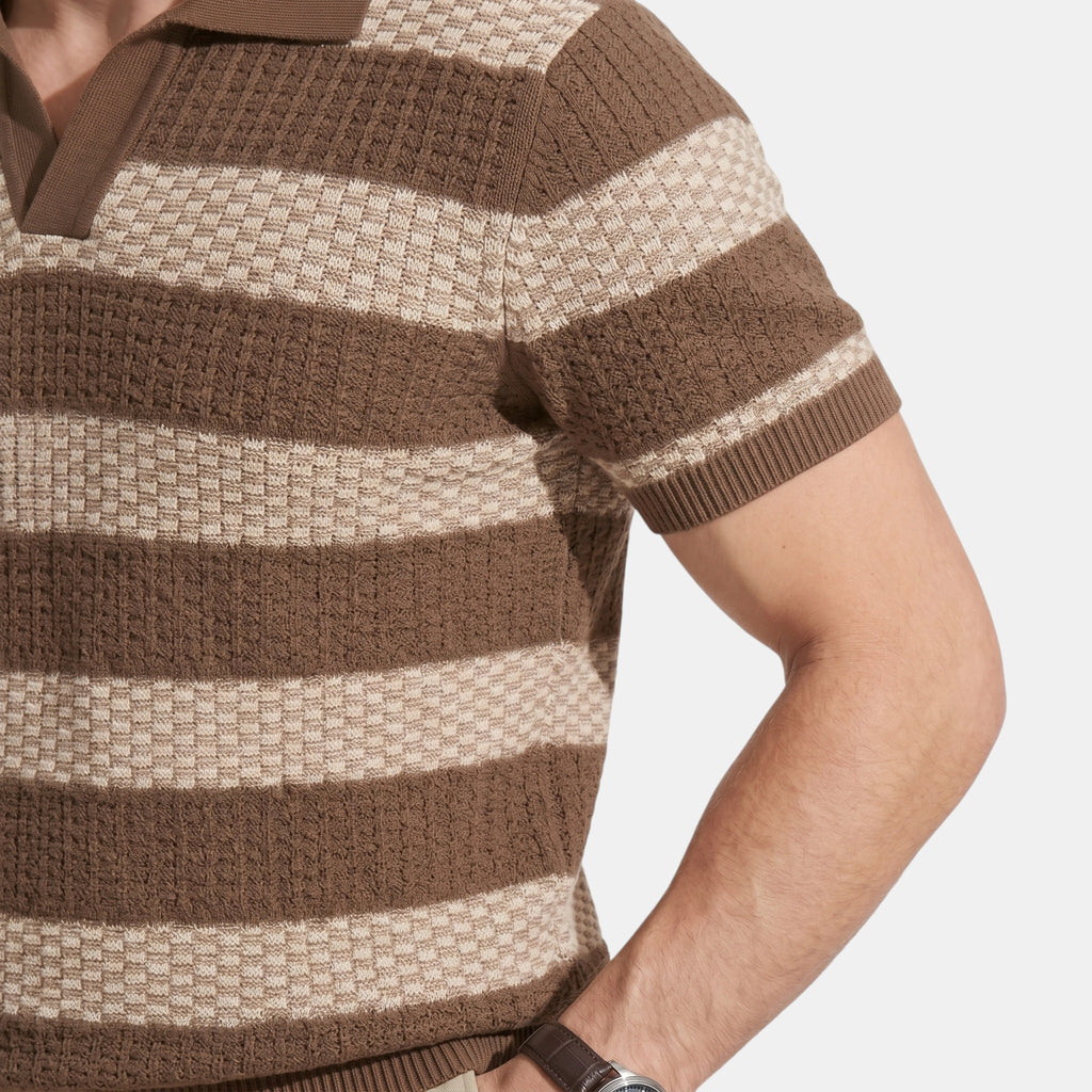 Armaxio | Men's Striped Pointelle Knit Polo Shirt