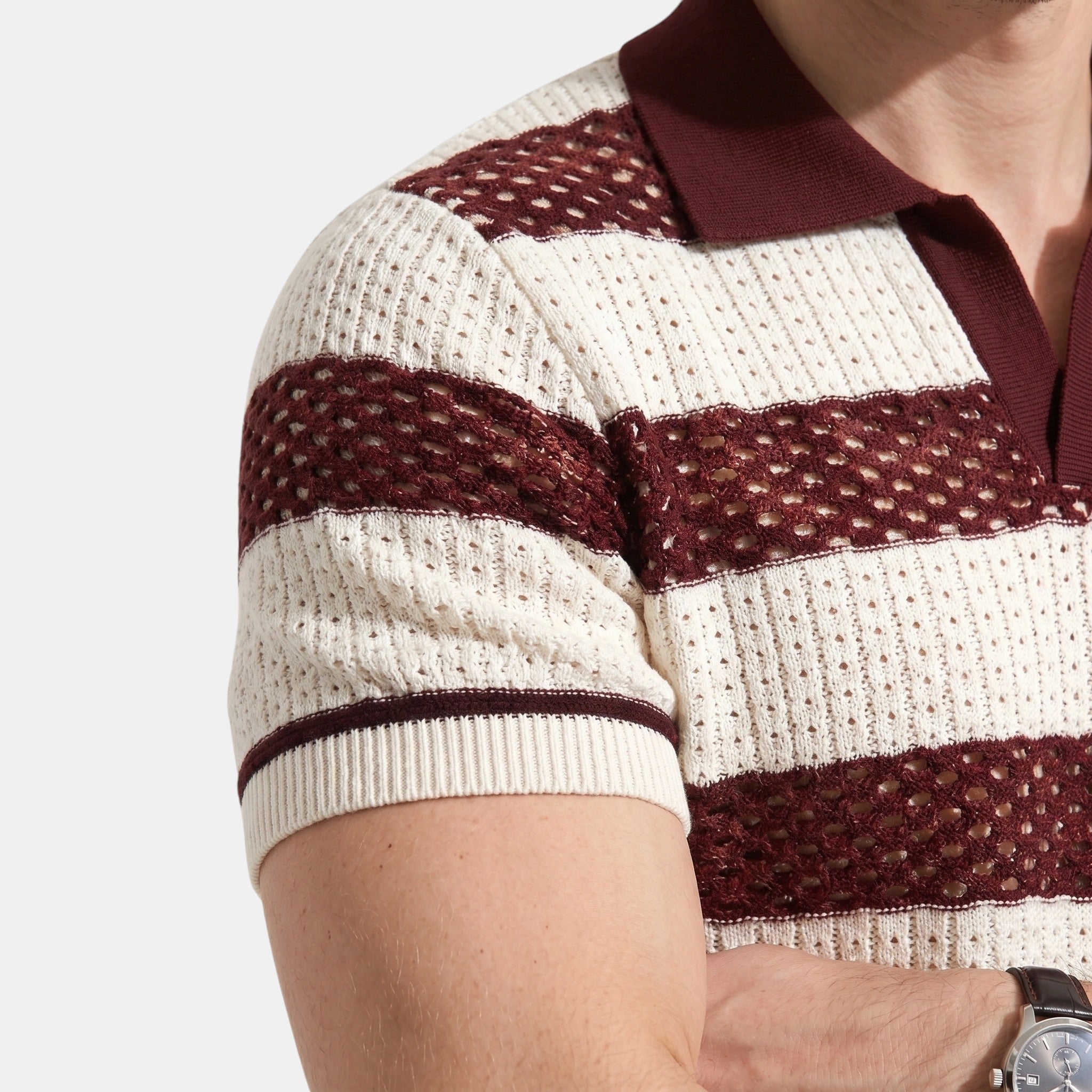 Armaxio | Men's Striped Pointelle Knit Polo Shirt