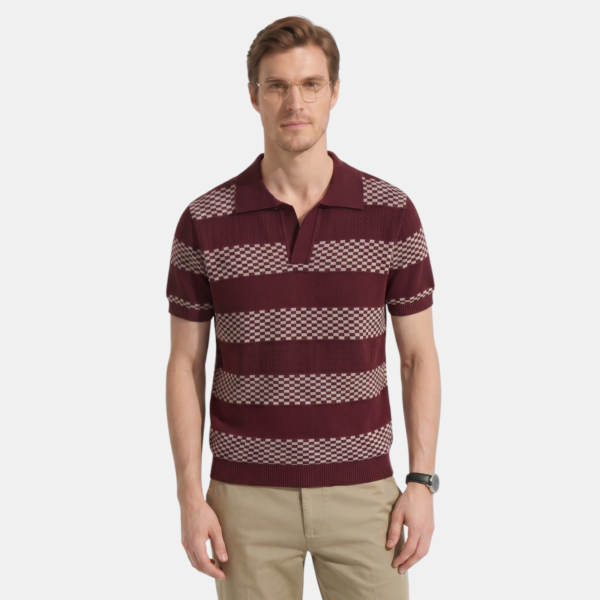 Armaxio | Men's Striped Pointelle Knit Polo Shirt