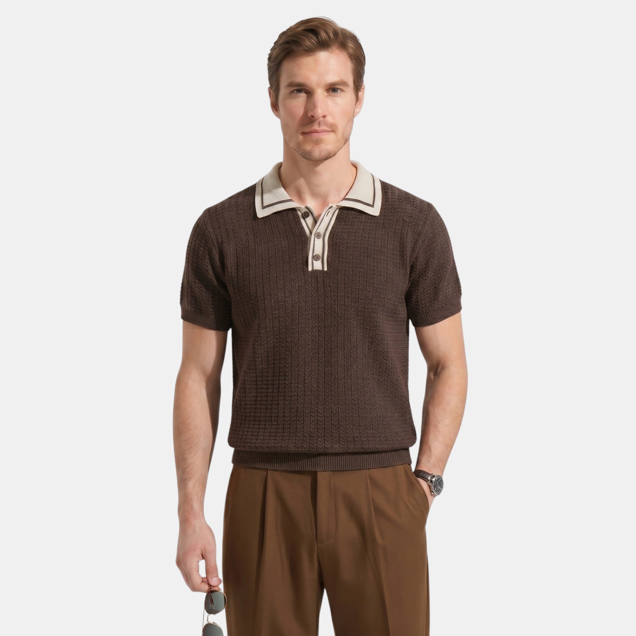 Armaxio | Men's Striped Pointelle Knit Polo Shirt
