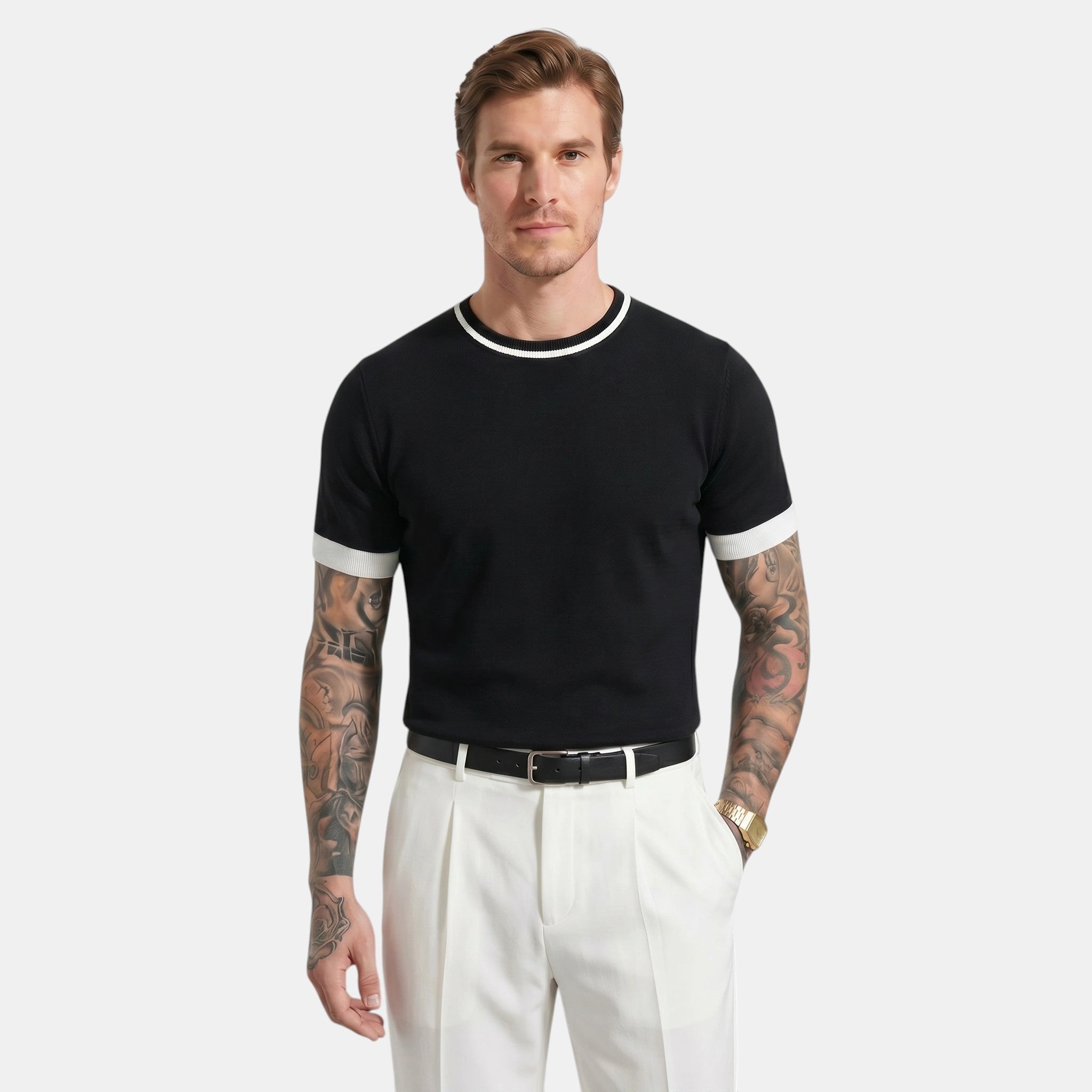 Armaxio | Men's Striped Pointelle Knit Polo Shirt