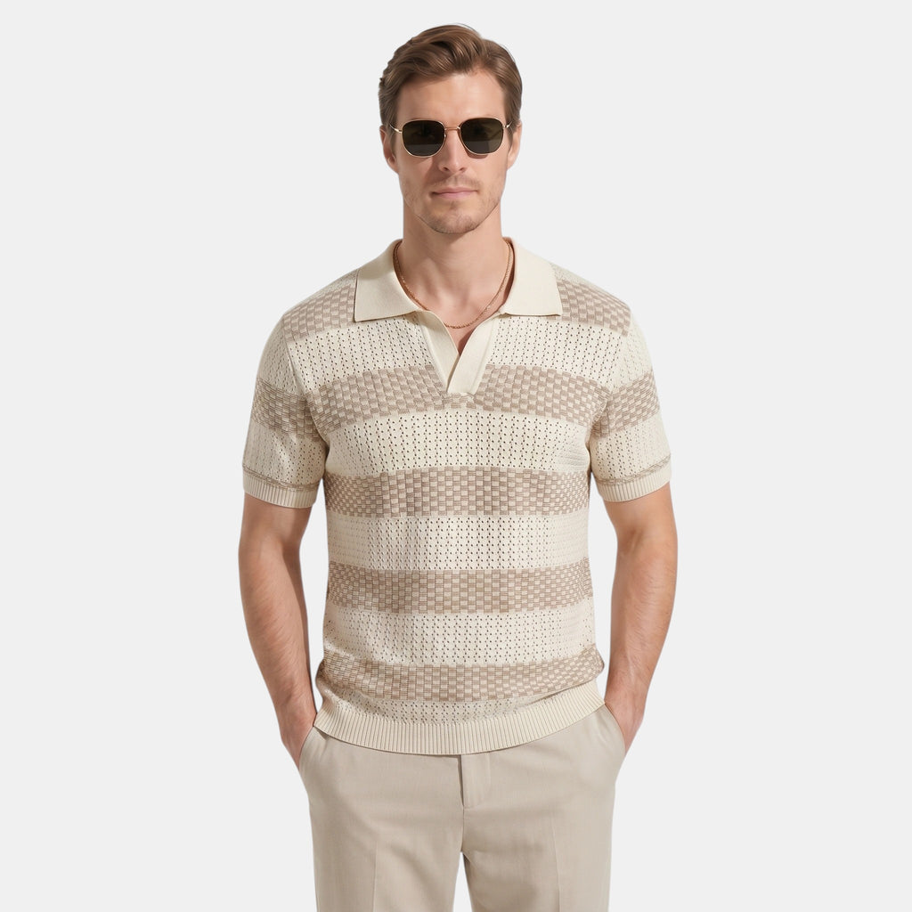 Armaxio | Men's Striped Pointelle Knit Polo Shirt