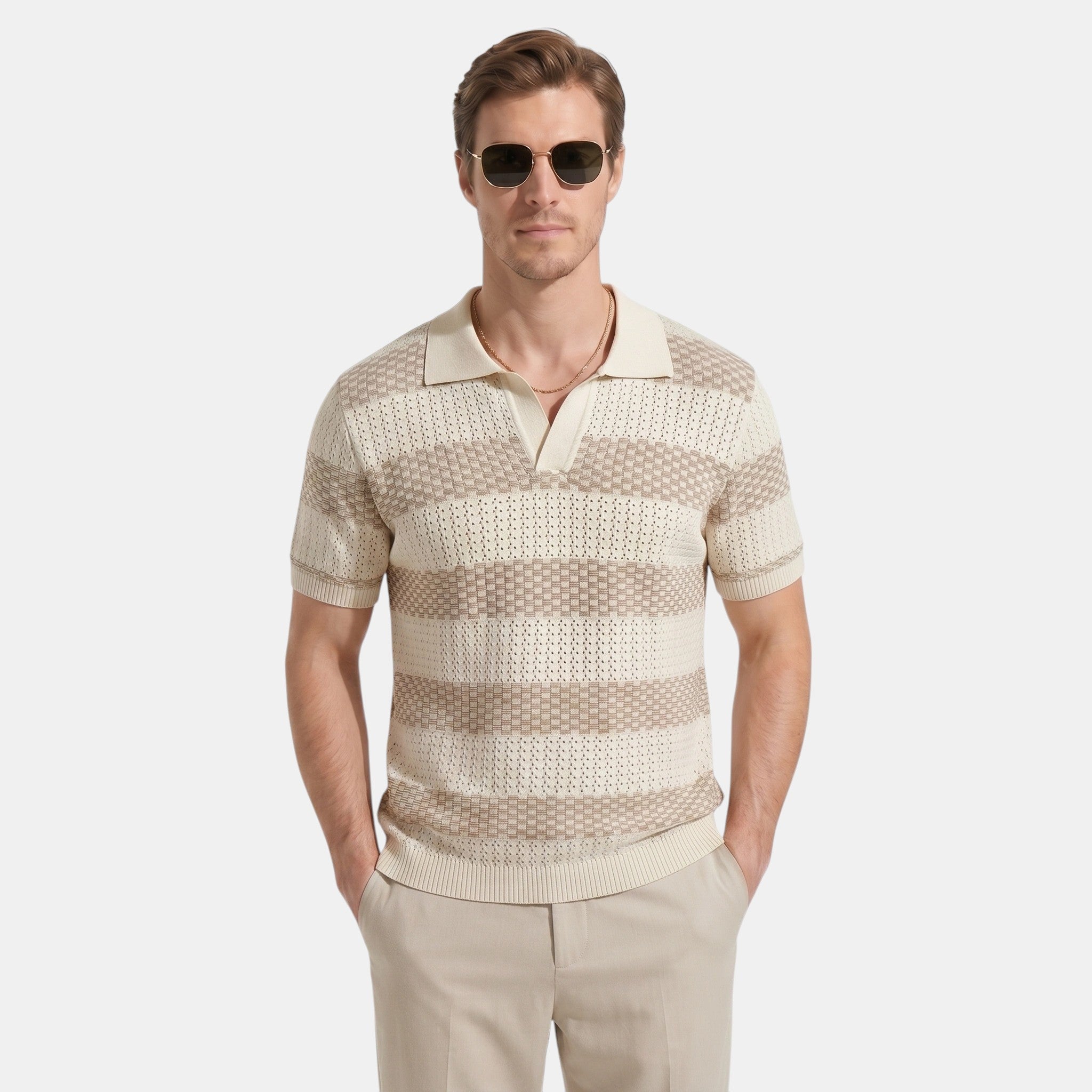 Armaxio | Men's Striped Pointelle Knit Polo Shirt