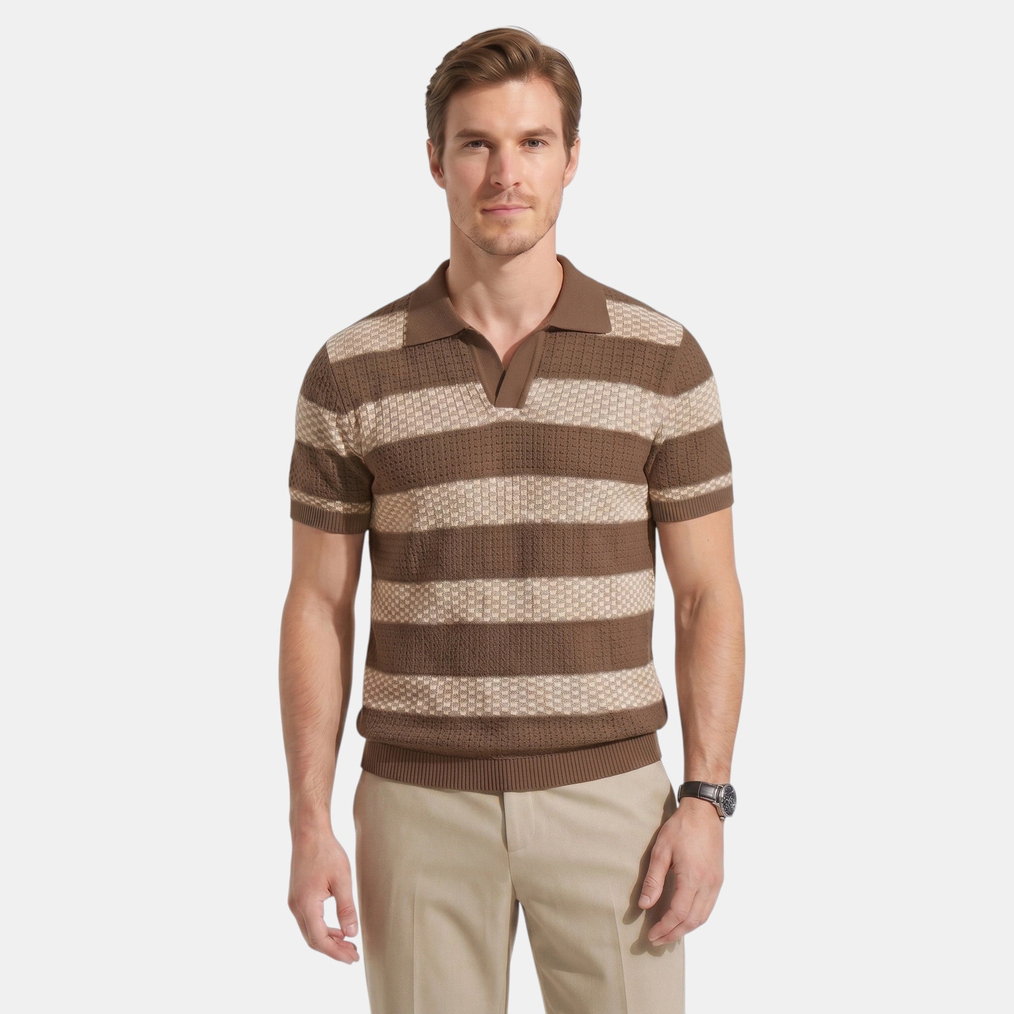 Armaxio | Men's Striped Pointelle Knit Polo Shirt