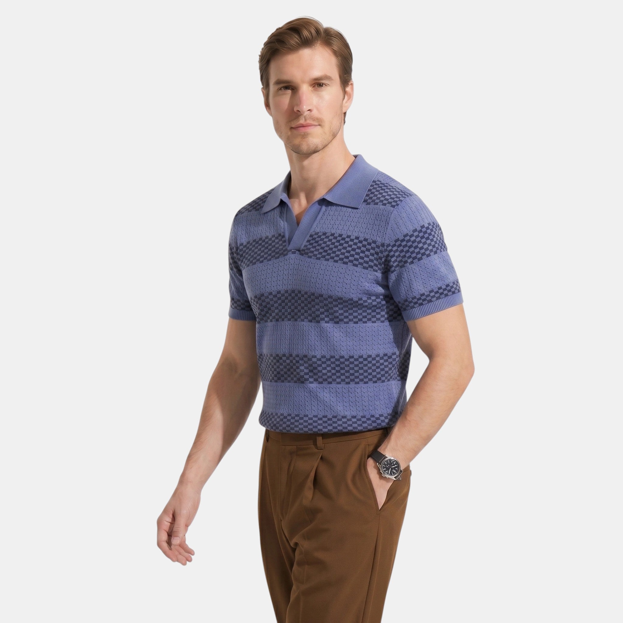 Armaxio | Men's Striped Pointelle Knit Polo Shirt