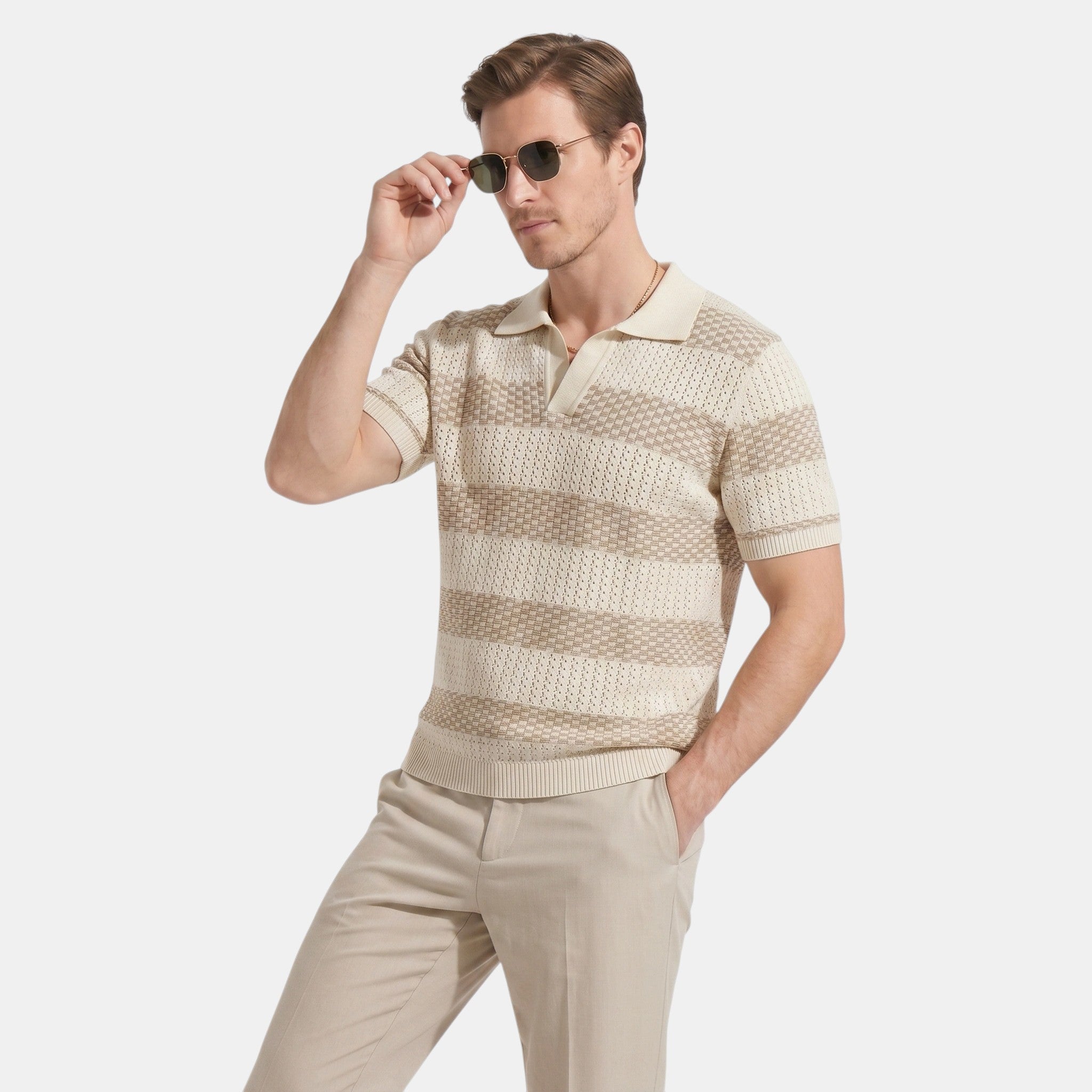 Armaxio | Men's Striped Pointelle Knit Polo Shirt