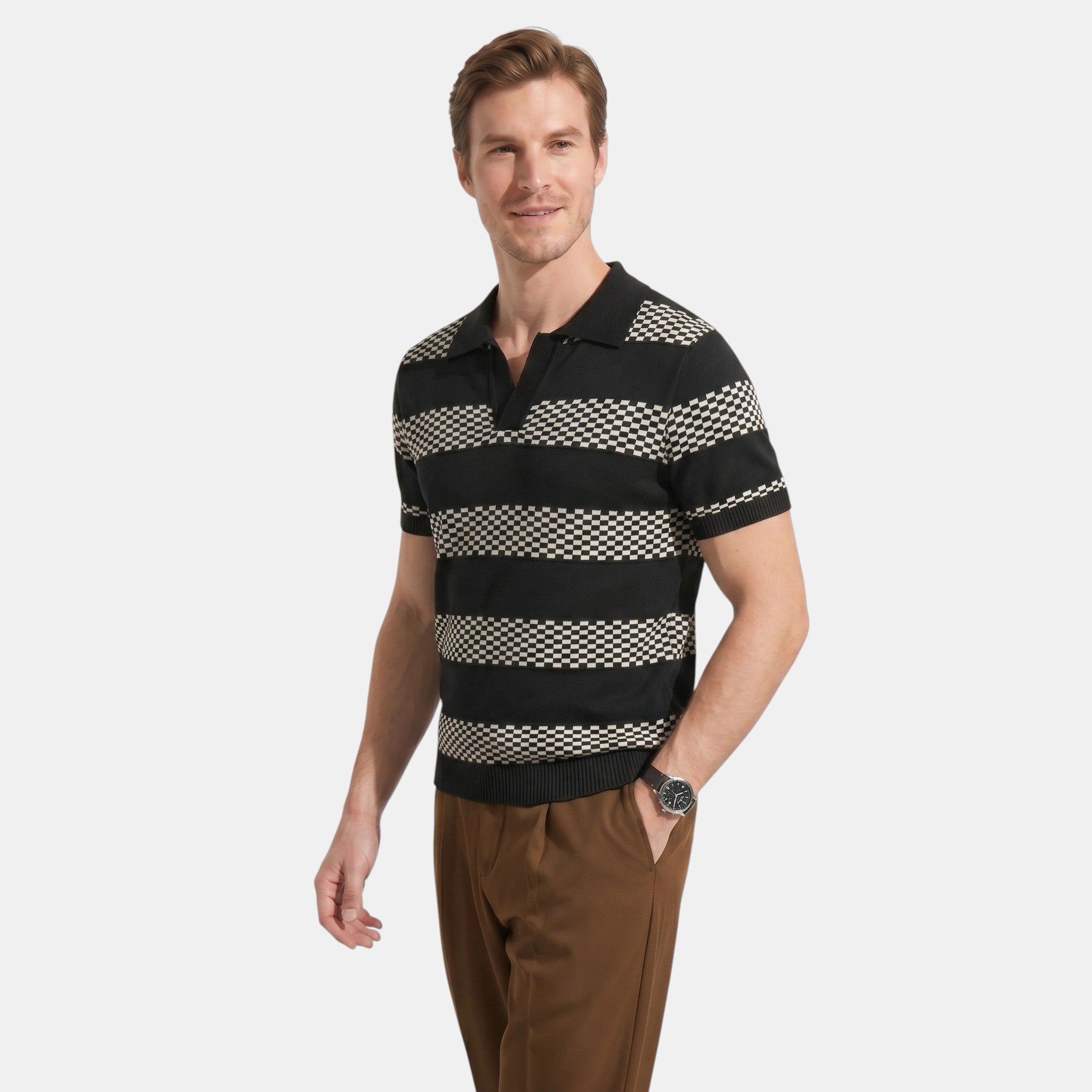 Armaxio | Men's Striped Pointelle Knit Polo Shirt