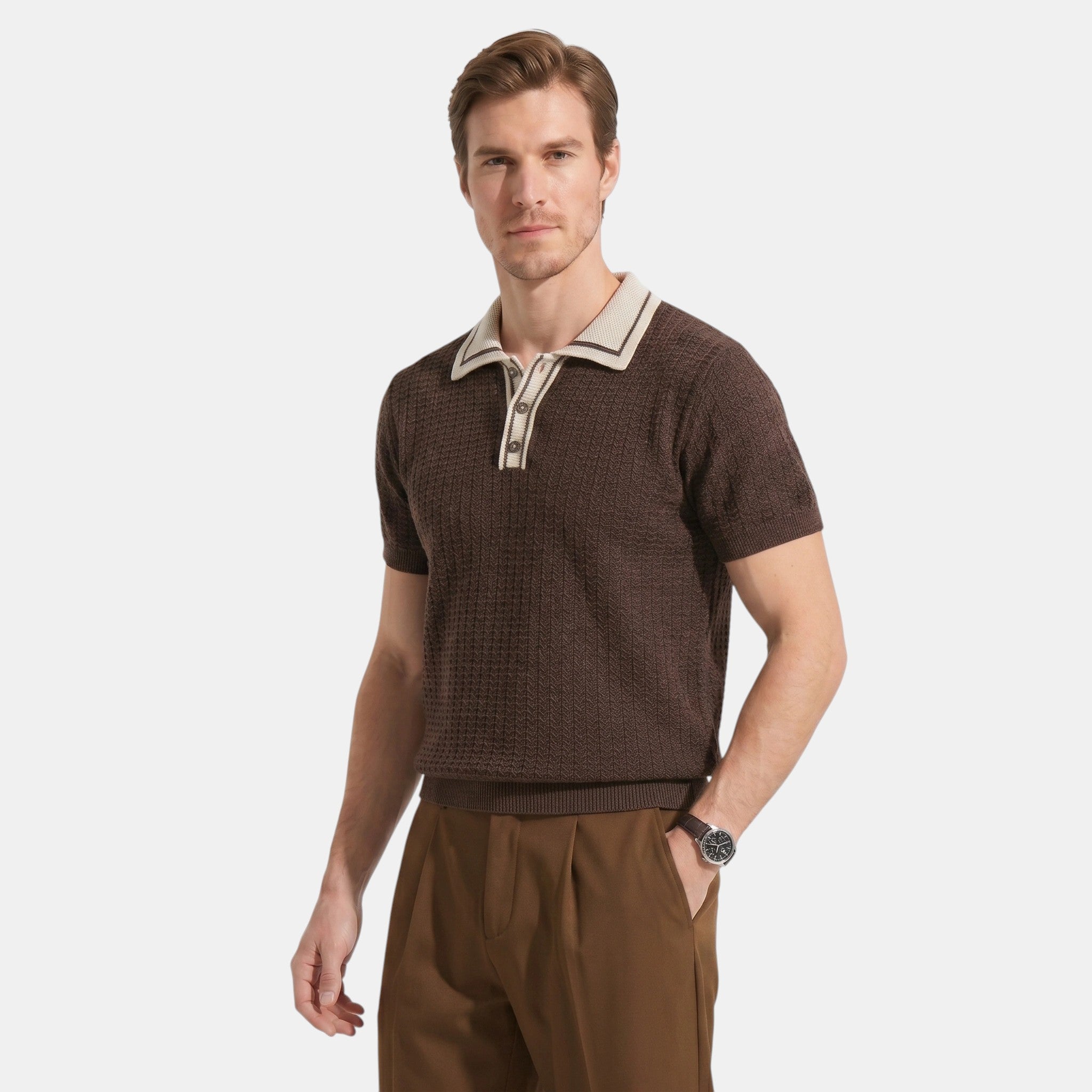 Armaxio | Men's Striped Pointelle Knit Polo Shirt