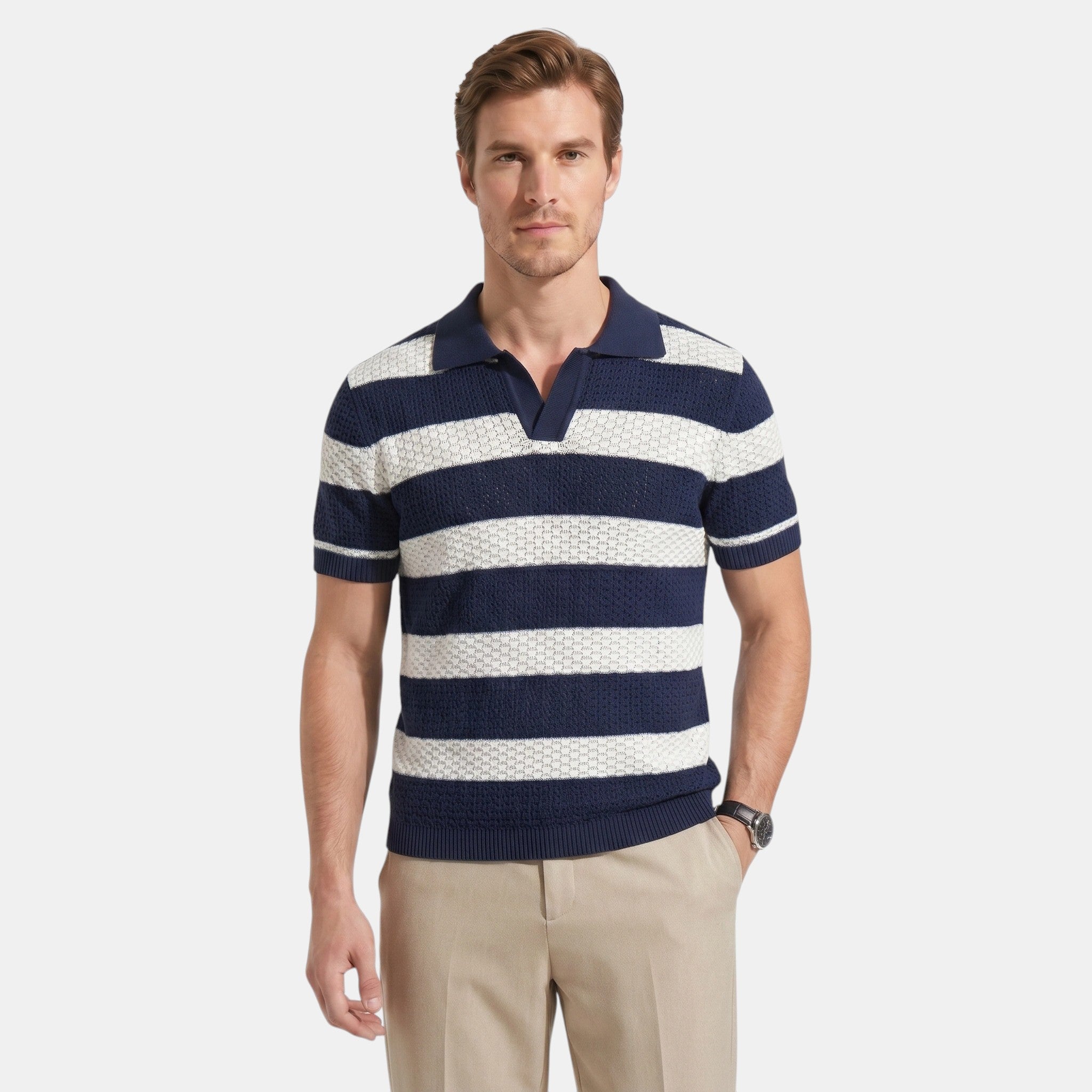 Armaxio | Men's Striped Pointelle Knit Polo Shirt