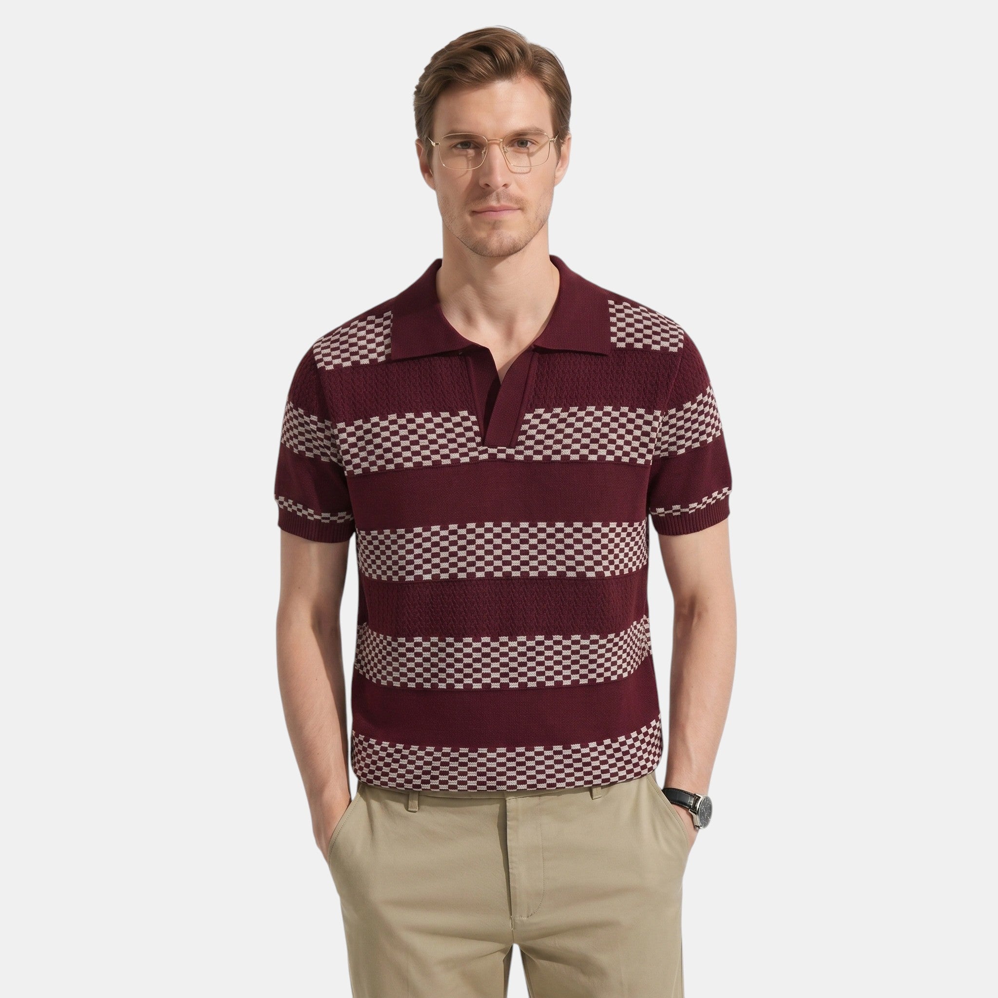 Armaxio | Men's Striped Pointelle Knit Polo Shirt