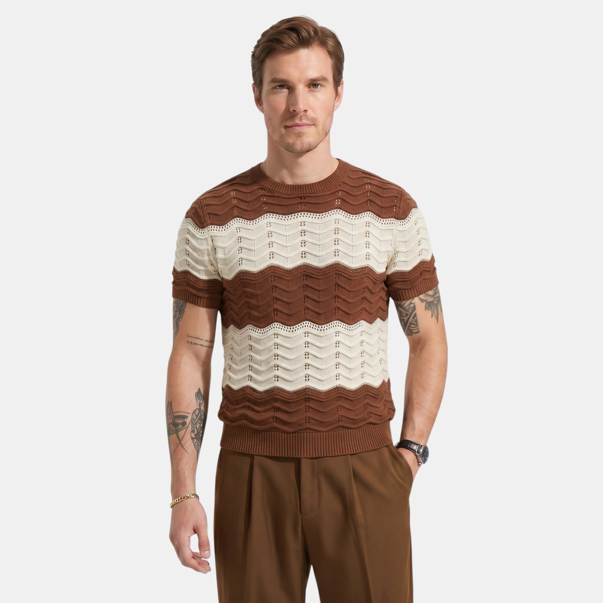 Armaxio | Men's Striped Pointelle Knit Polo Shirt