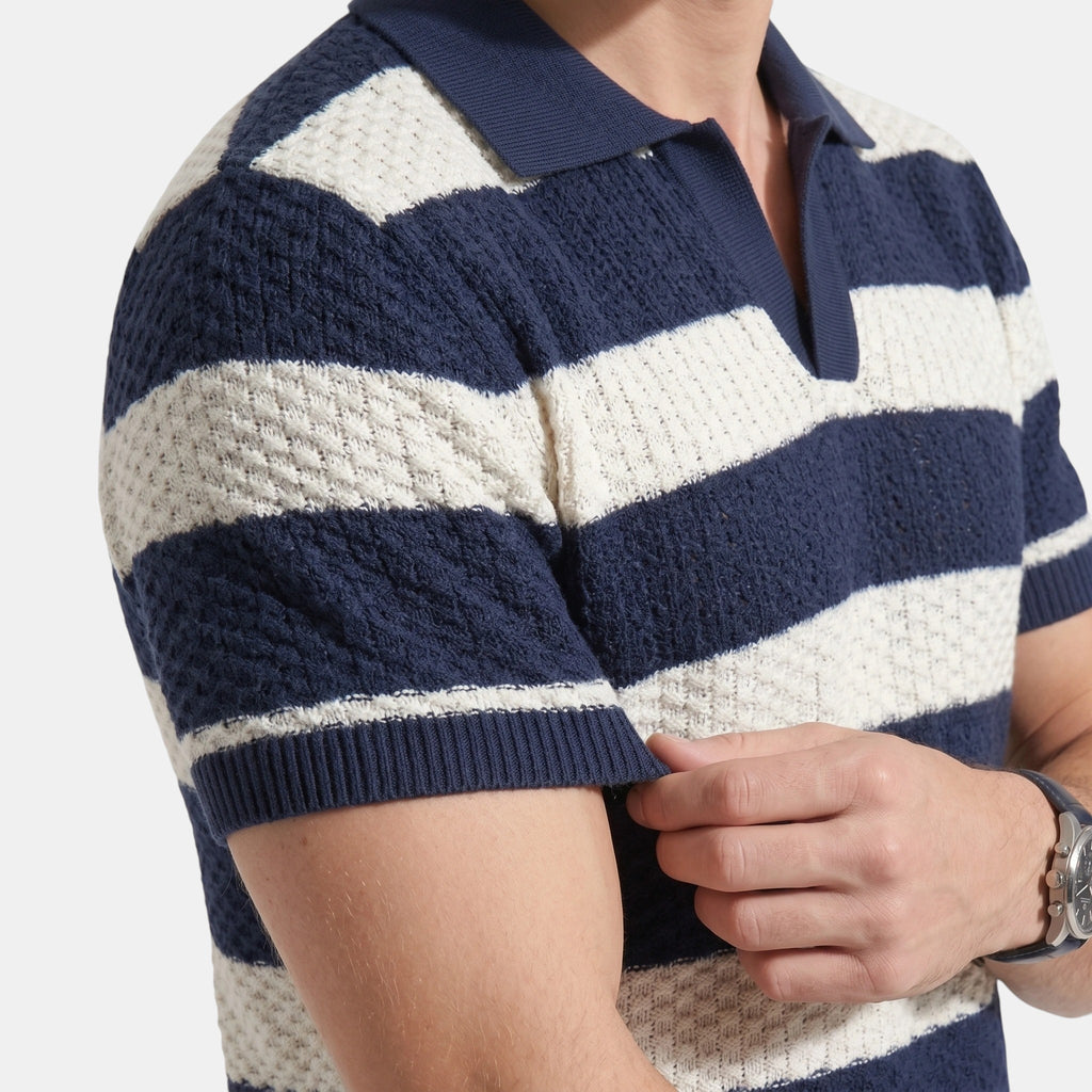 Armaxio | Men's Striped Pointelle Knit Polo Shirt
