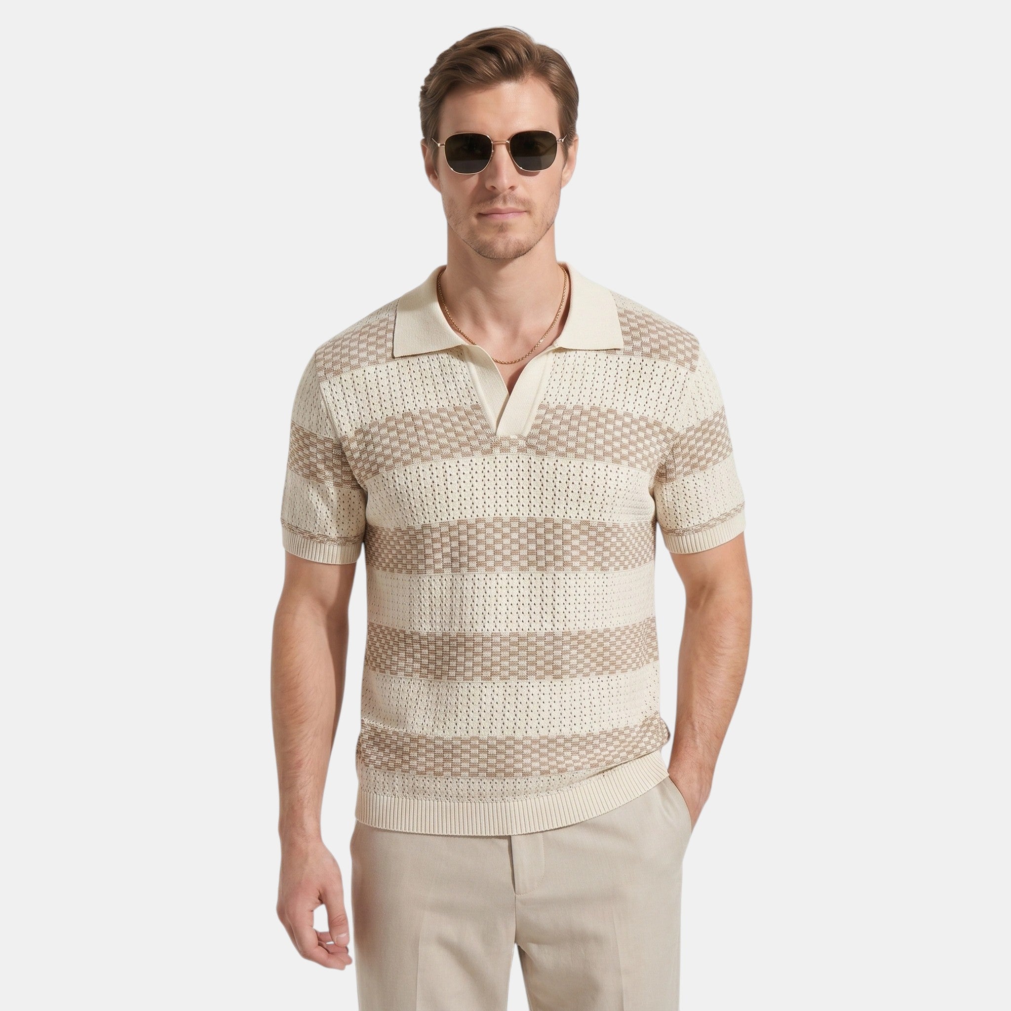Armaxio | Men's Striped Pointelle Knit Polo Shirt