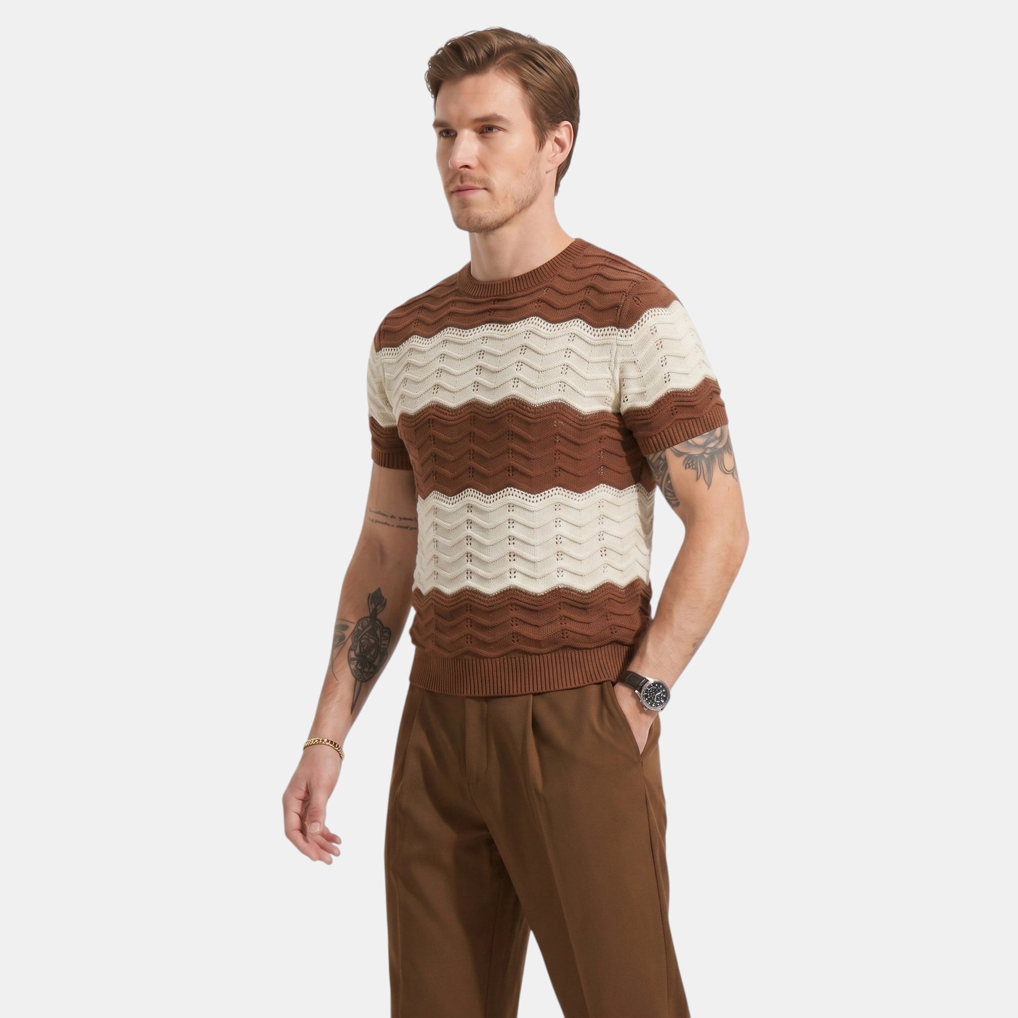 Armaxio | Men's Striped Pointelle Knit Polo Shirt