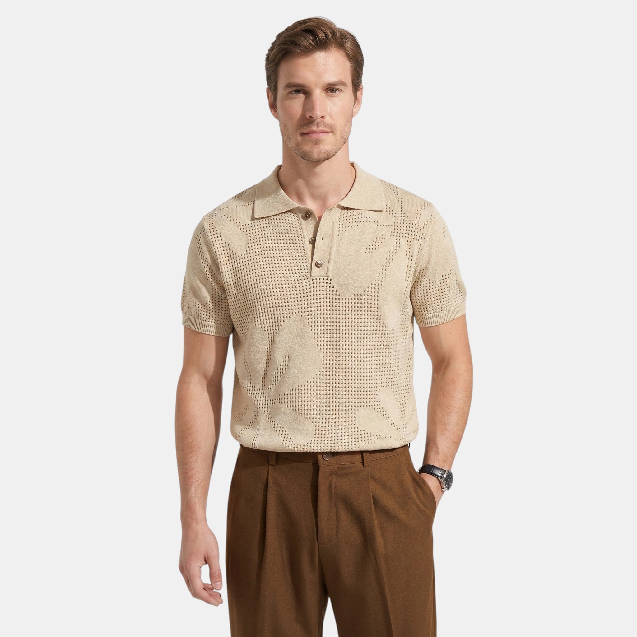 Armaxio | Men's Striped Pointelle Knit Polo Shirt