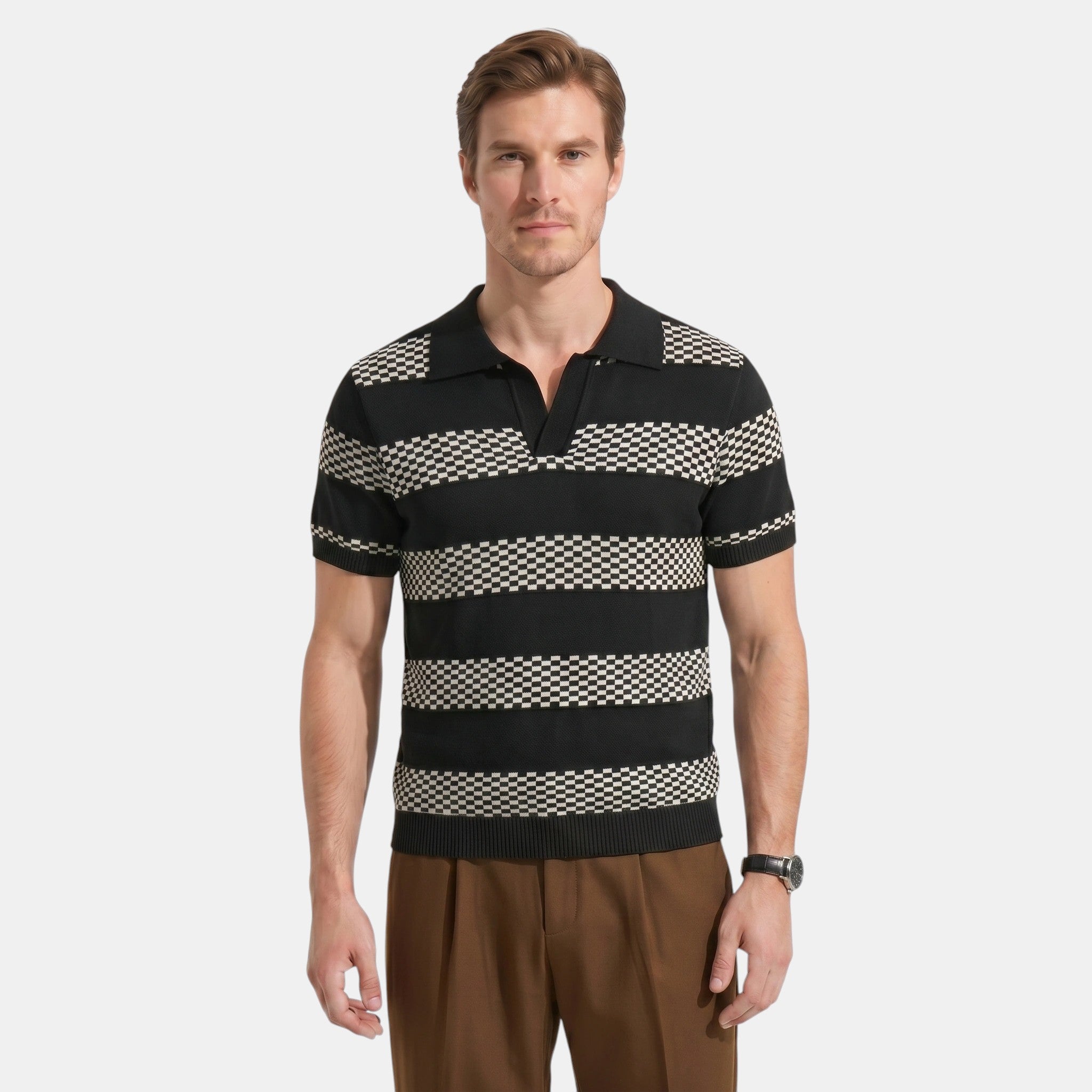 Armaxio | Men's Striped Pointelle Knit Polo Shirt