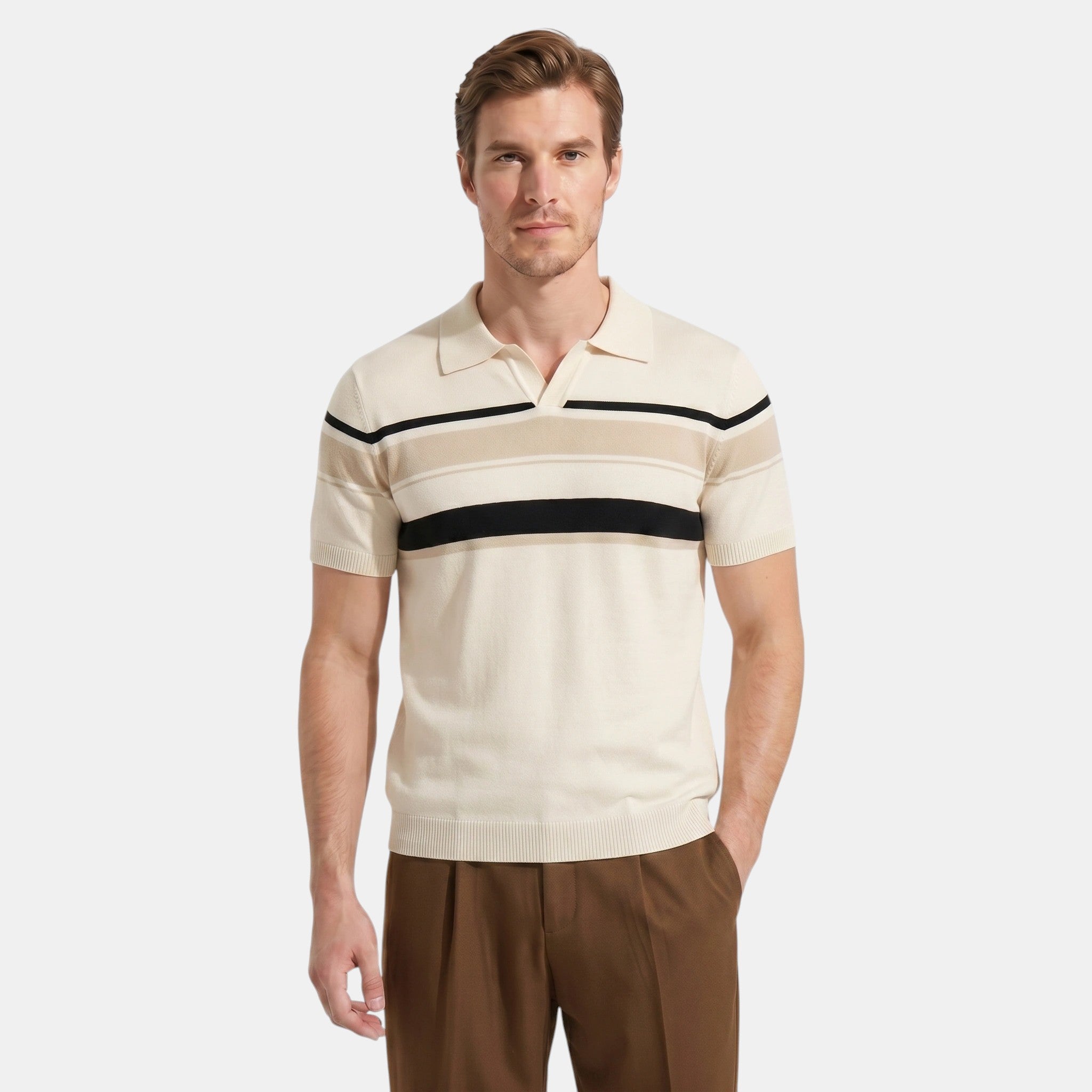 Armaxio | Men's Striped Pointelle Knit Polo Shirt