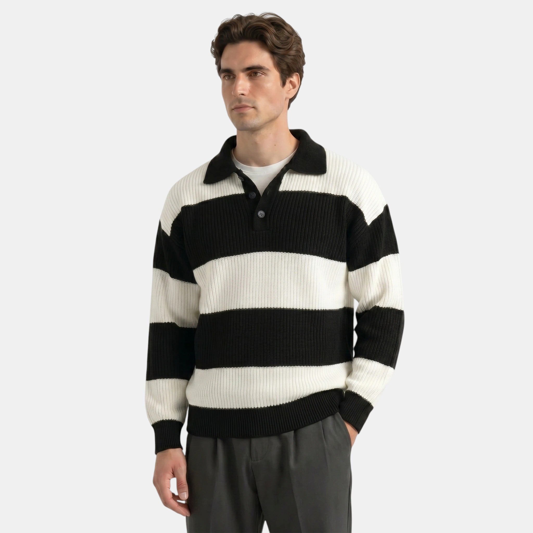Armaxio | Men's Striped Polo Collar Knit Sweater Loose Fit