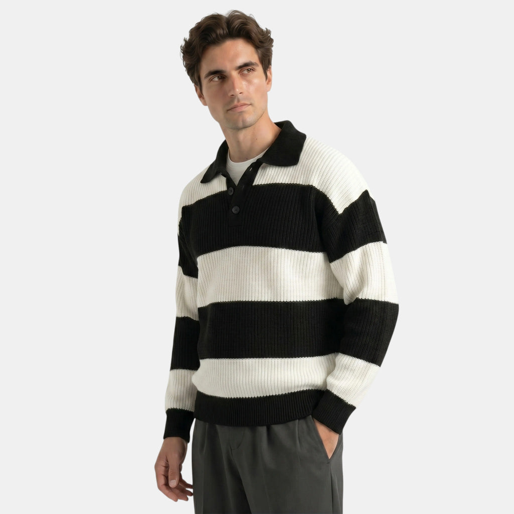 Armaxio | Men's Striped Polo Collar Knit Sweater Loose Fit
