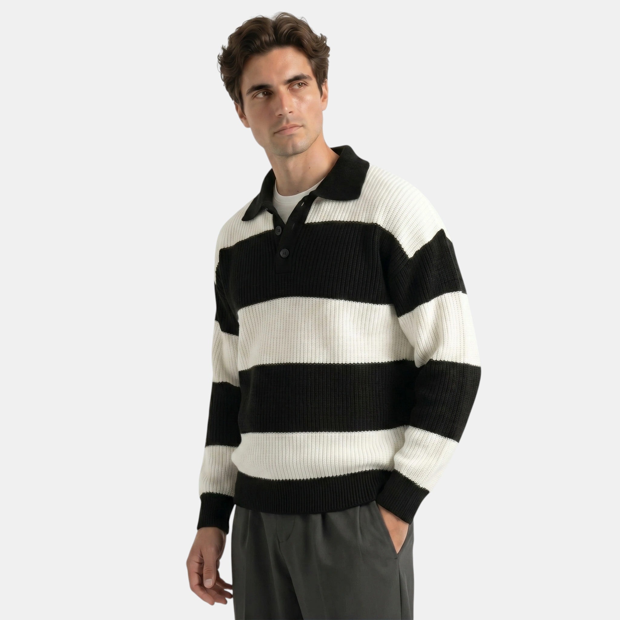 Armaxio | Men's Striped Polo Collar Knit Sweater Loose Fit