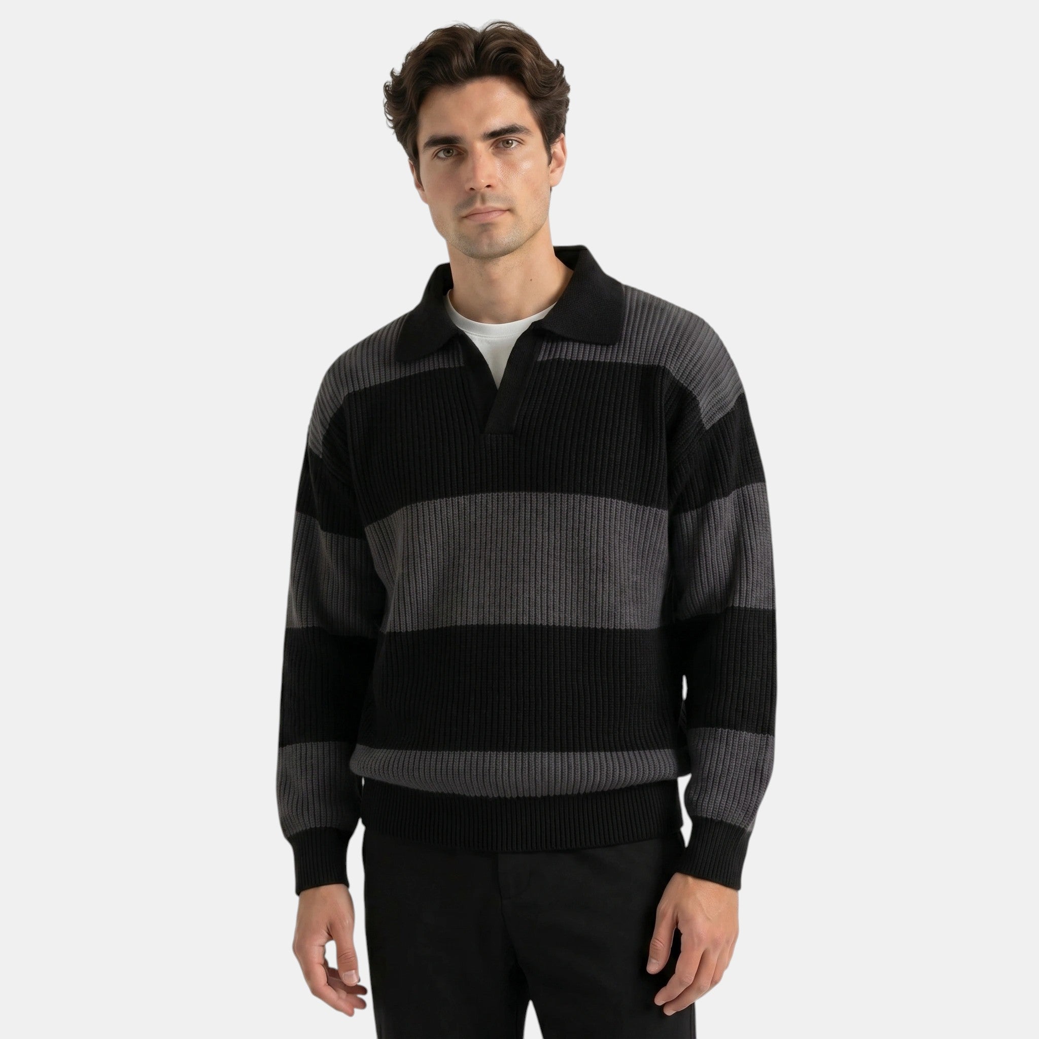 Armaxio | Men's Striped Polo Collar Knit Sweater Loose Fit