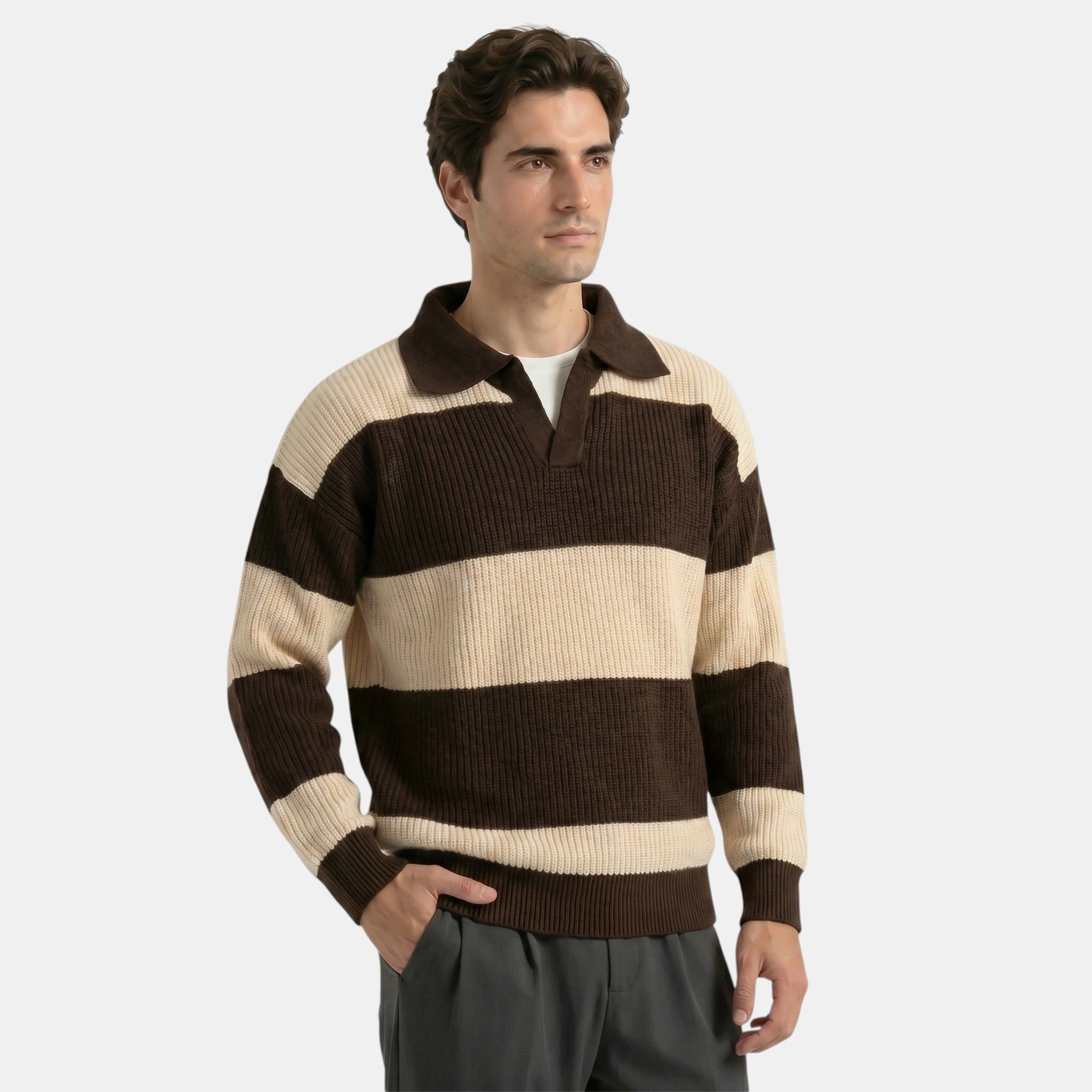 Armaxio | Men's Striped Polo Collar Knit Sweater Loose Fit