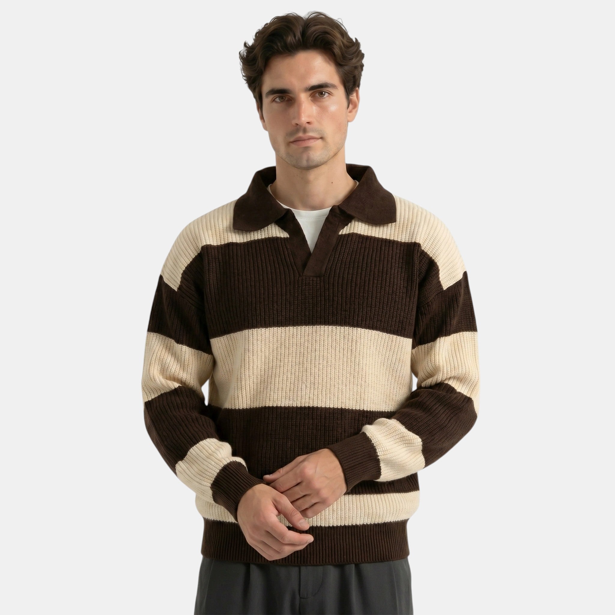Armaxio | Men's Striped Polo Collar Knit Sweater Loose Fit