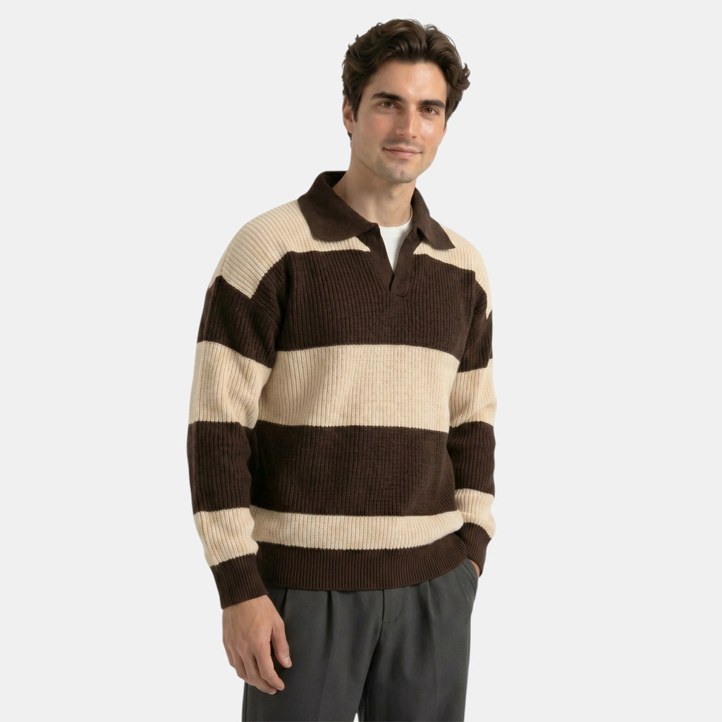 Armaxio | Men's Striped Polo Collar Knit Sweater Loose Fit