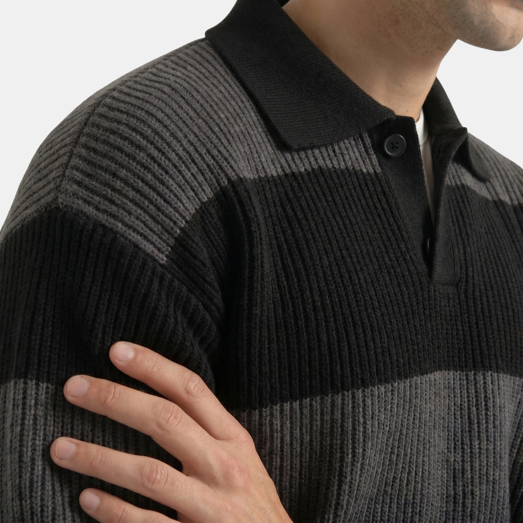 Armaxio | Men's Striped Polo Collar Knit Sweater Loose Fit