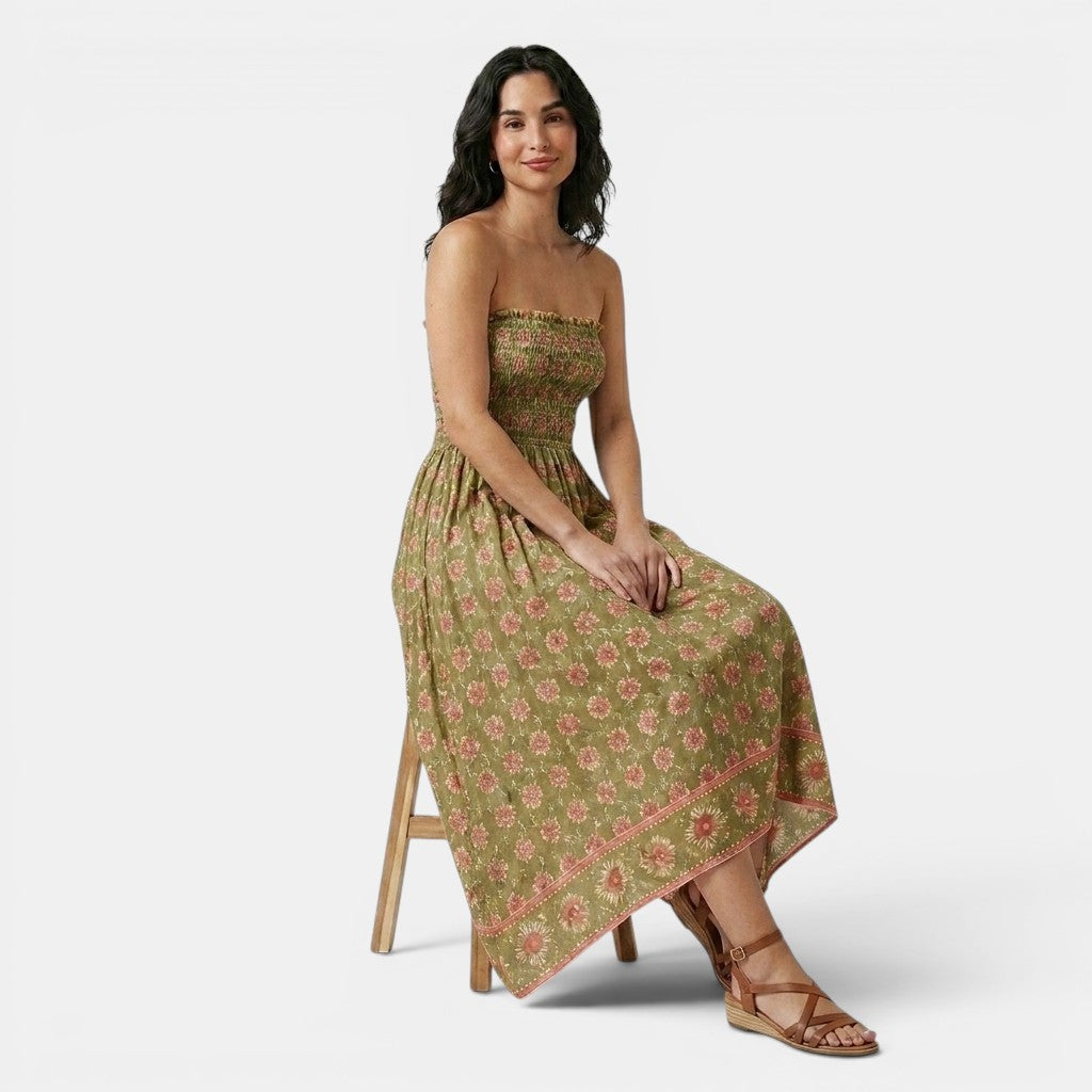 Armaxio | Women's Floral Bandeau Midi Dress Shirred Style