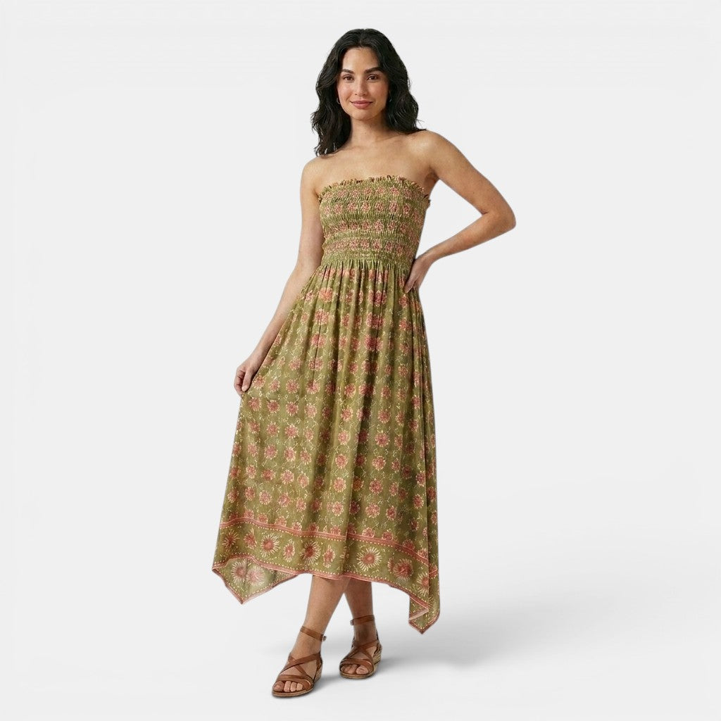 Armaxio | Women's Floral Bandeau Midi Dress Shirred Style